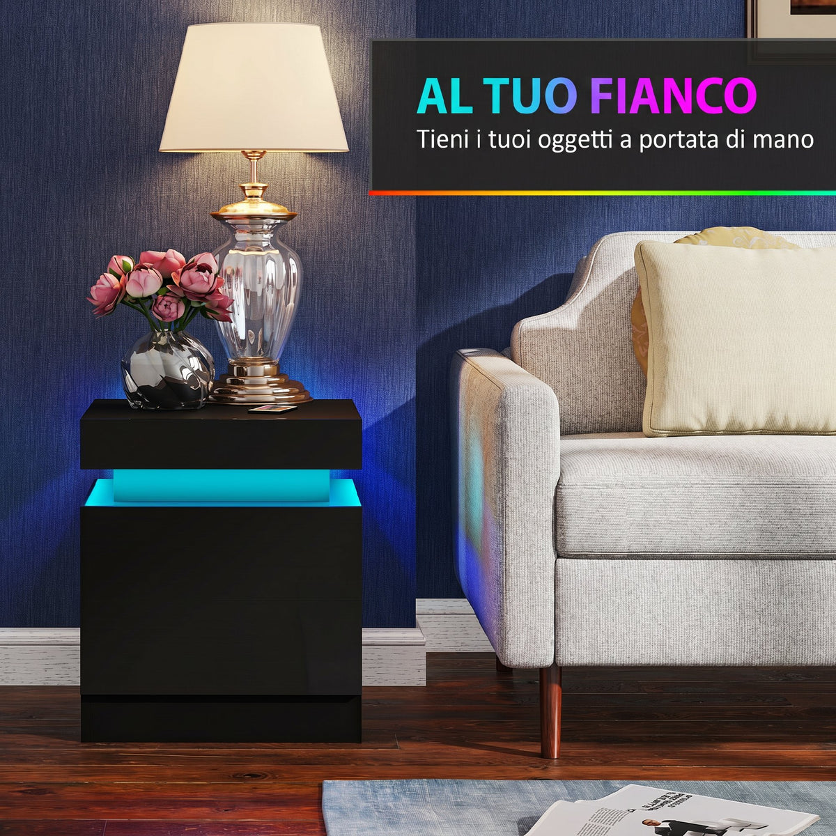 HOMCOM Set of 2 LED Nightstands with 16 Colors and 4 Modes and 2 Drawers, Wooden, 45x35x52 cm, Black