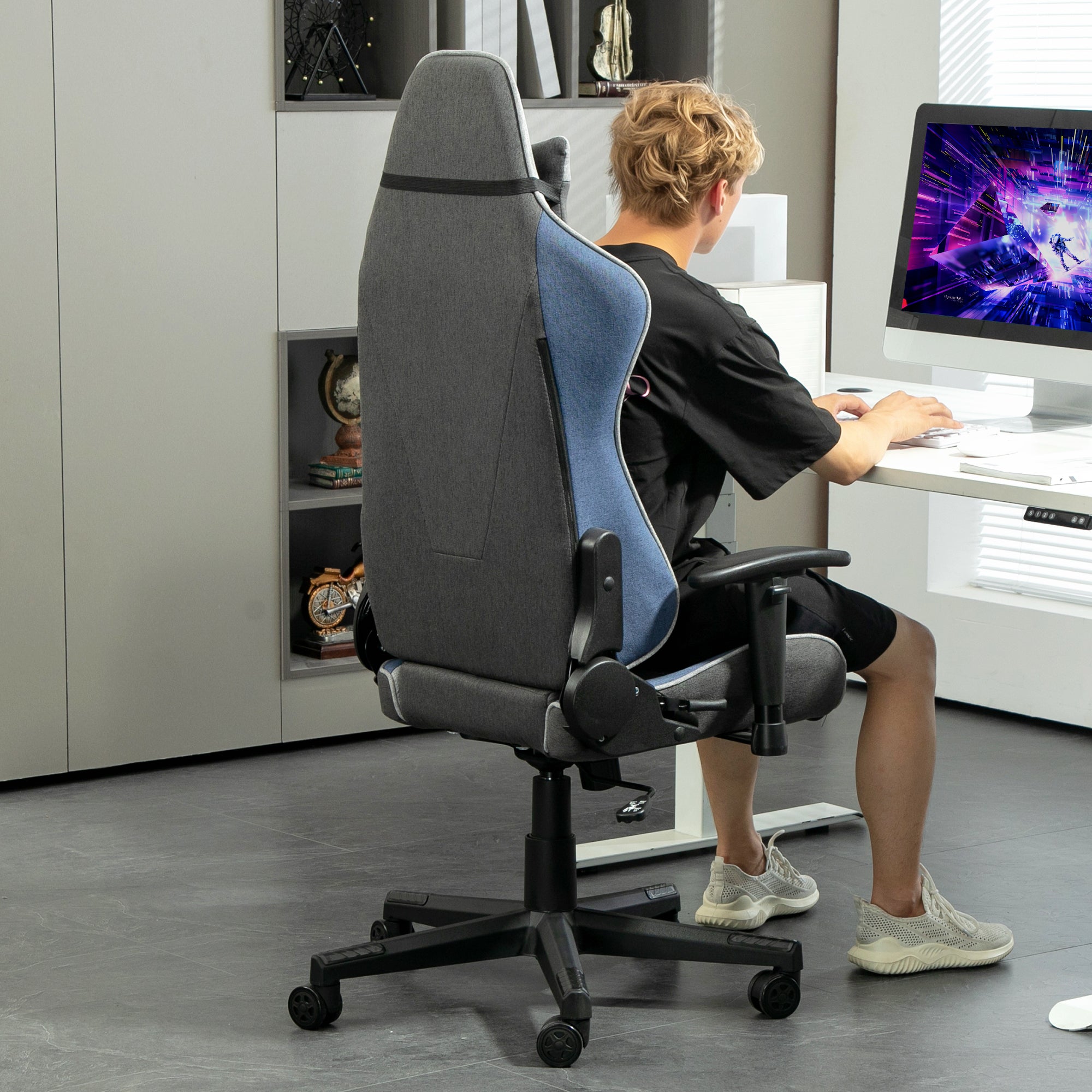 Gaming Chair, 150° Reclining with Rocking Function, in Linen Effect Fabric, 66x53x128-138 cm, Grey