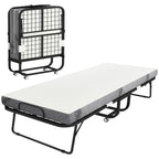 Folding Single Bed 90x200cm with 10cm Thick Mattress, Metal Base and Wheels with Brakes, Black