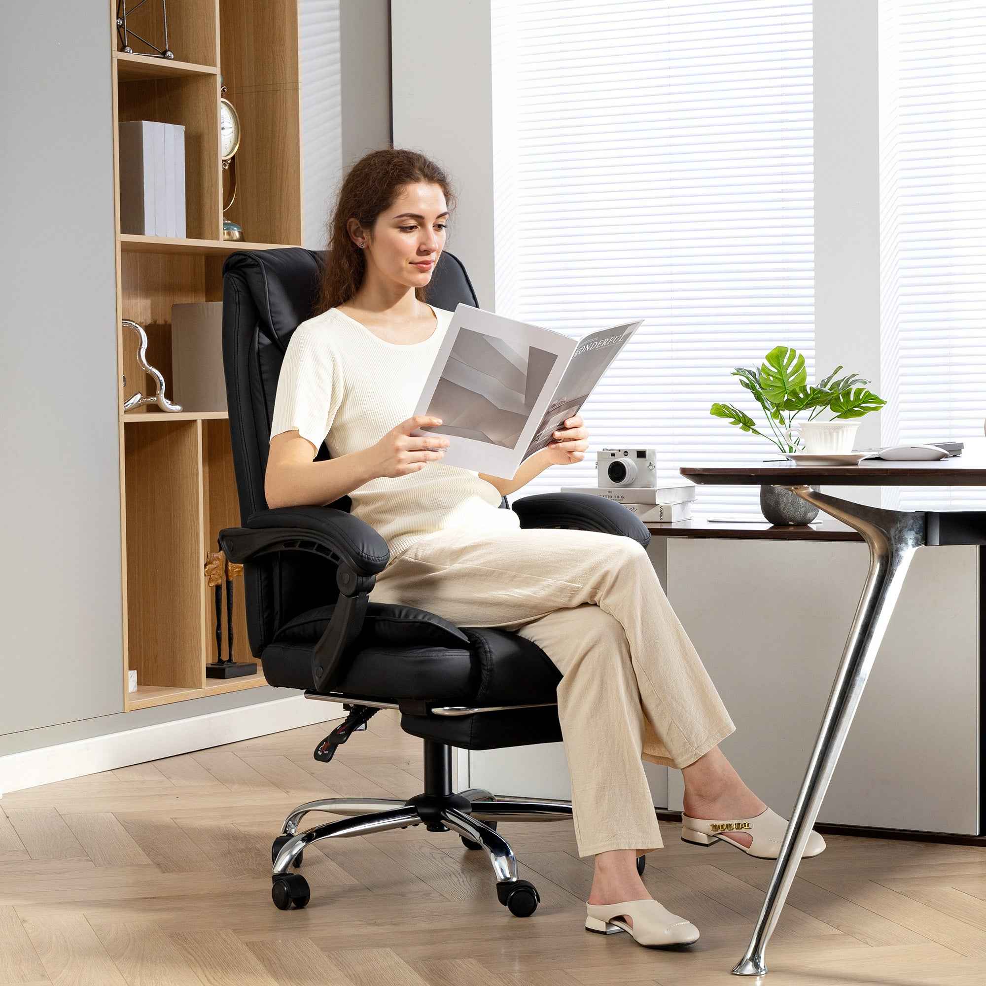 HOMCOM 155° Reclining Office Chair with Footrest, Double Padding and Faux Leather Upholstery, Black