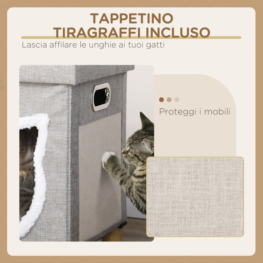 Cat House with Scratching Post, Cushion and Ball, Made of Wood and Polyester, 35.5x35.5x42.5 cm, Cream and Grey