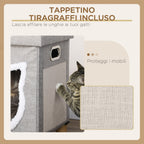 Cat House with Scratching Post, Cushion and Ball, Made of Wood and Polyester, 35.5x35.5x42.5 cm, Cream and Grey