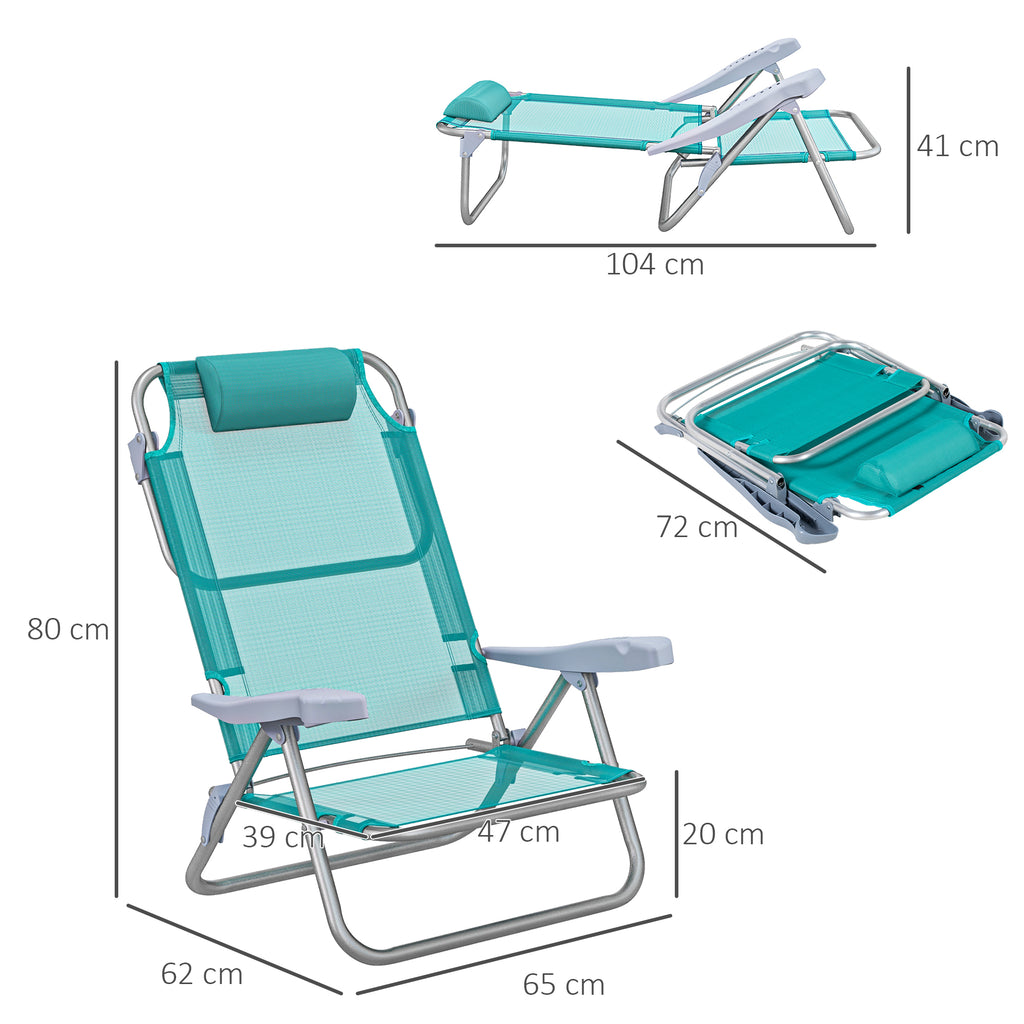 Set of 2 Folding and Reclining Camping Chairs on 6 Levels, in Aluminum and Foam, 62x65x80 cm, Gray to Light Blue