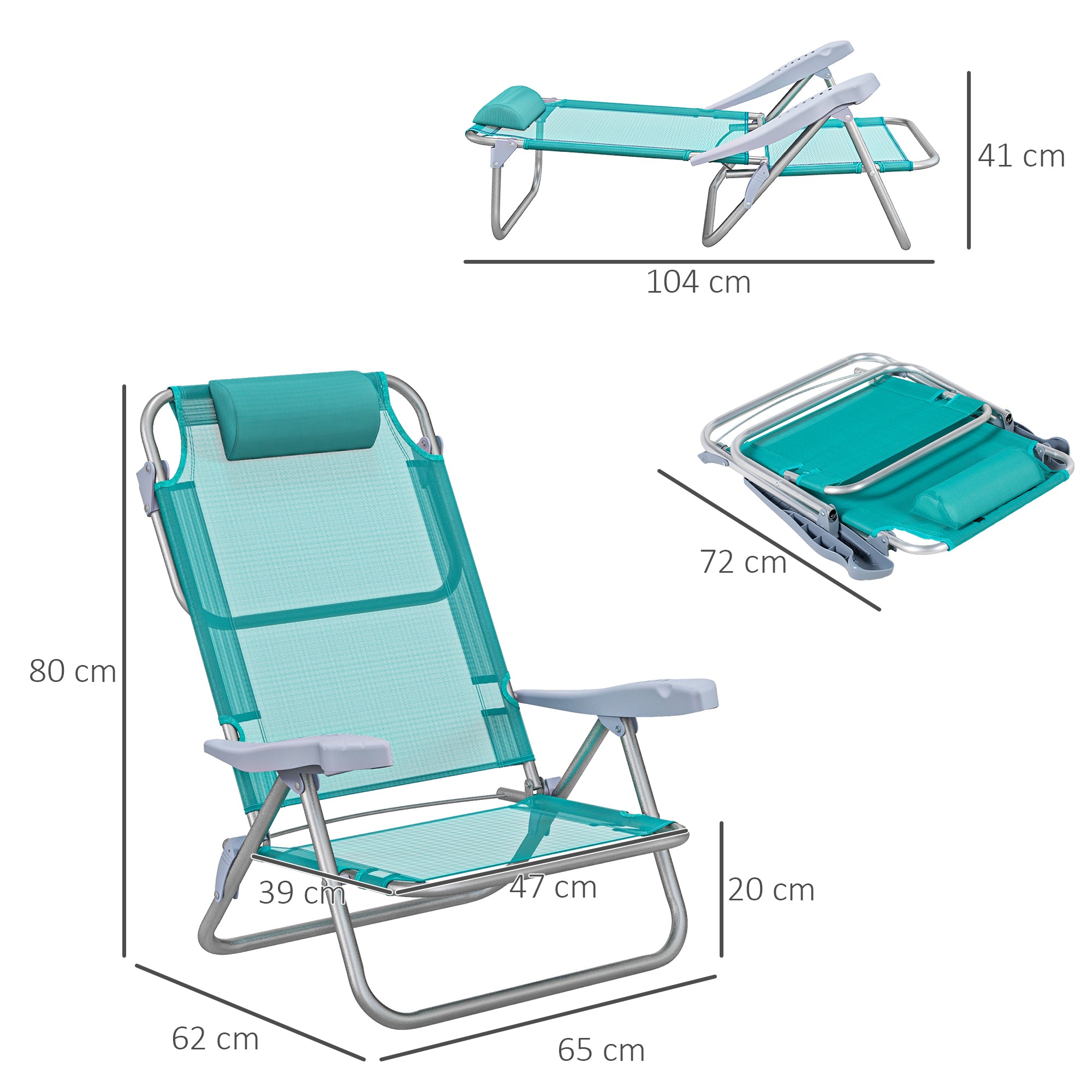 Set of 2 Folding and Reclining Camping Chairs on 6 Levels, in Aluminum and Foam, 62x65x80 cm, Gray to Light Blue