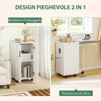 HOMCOM Folding Ironing Board with Wheels, Adjustable Shelf, Soft Close, Wood and Fabric, 128x43x83 cm, White