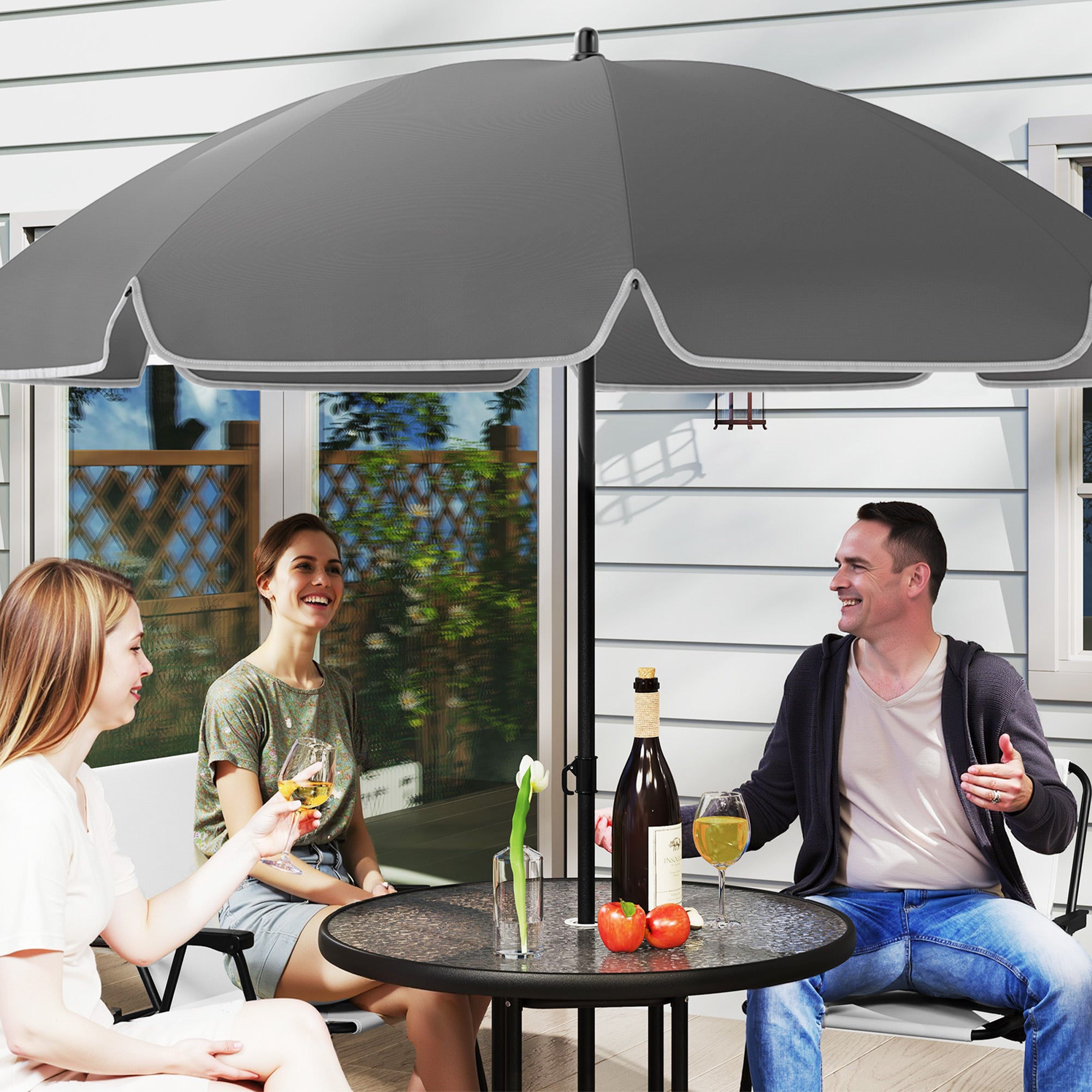 6 Piece Steel Garden Set with 4 Folding Chairs, Umbrella and Round Table, Cream, Grey and Black