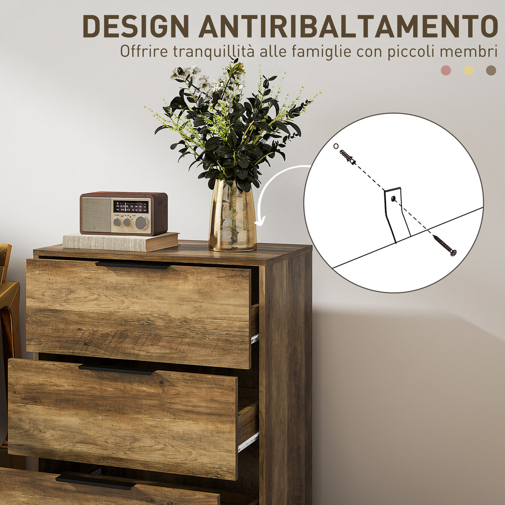 3-Drawer Chest of Drawers Anti-Tip with Black Handles, in Wood and Metal, 62x35x82 cm, Dark Brown