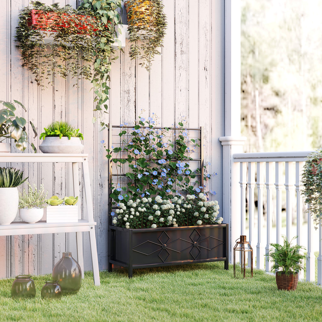 Raised Garden Bed with Trellis for Climbing Plants in Galvanized Steel, 90x40x120 cm, Black