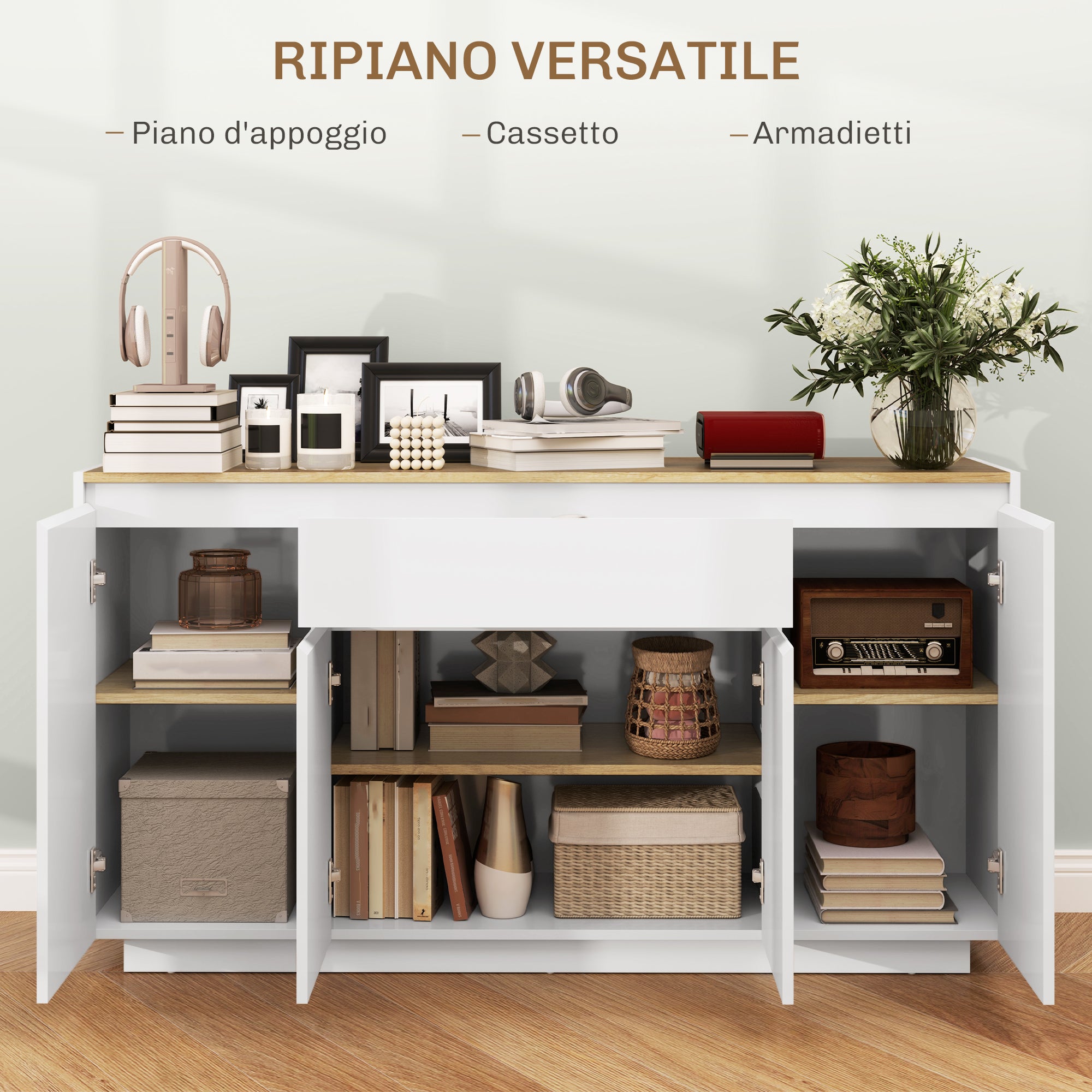 Modern Kitchen Sideboard with Drawer and 3 Cabinets with Adjustable Shelves, 140x40x75 cm, White
