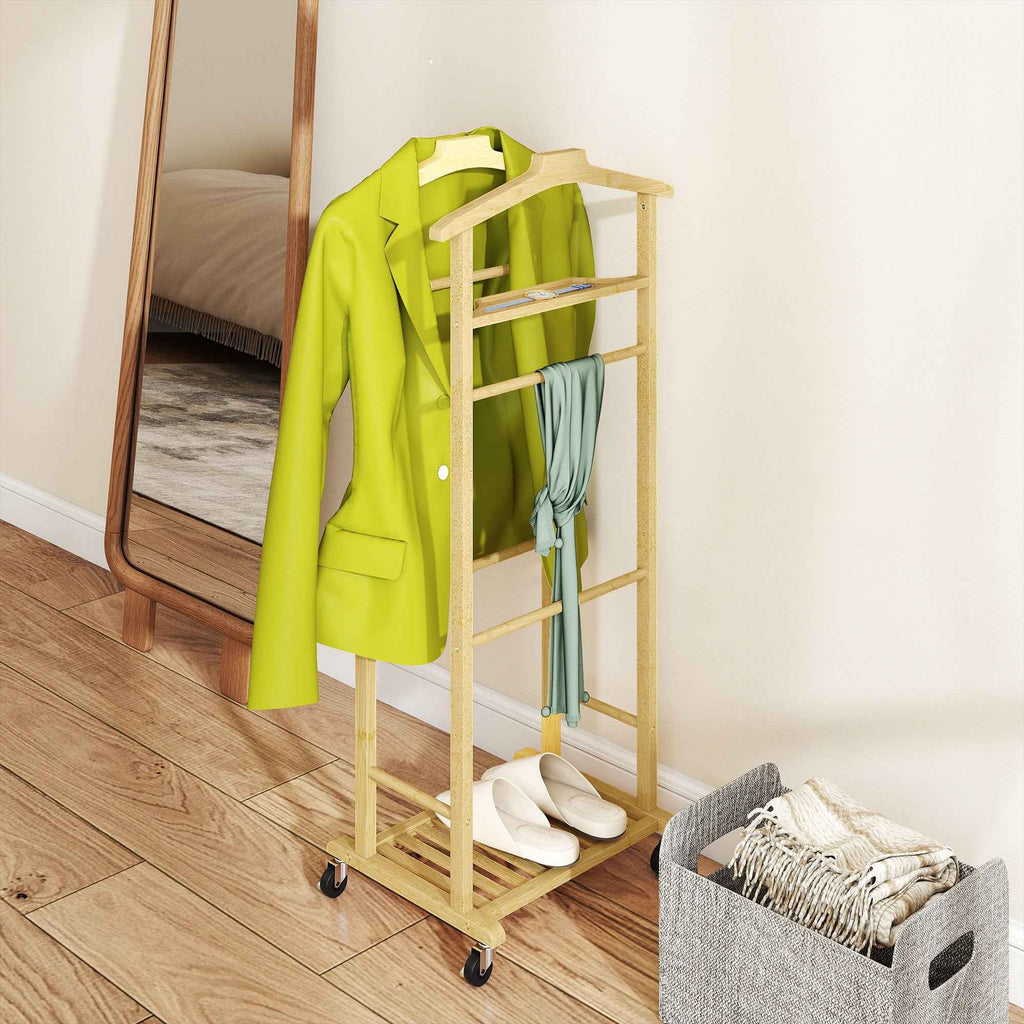 HOMCOM 4-in-1 Bamboo Valet Stand with Wheels, 2 Rods, Empty Pocket Tray and Shoe Shelf, 47 x 33.7 x 105.5 cm