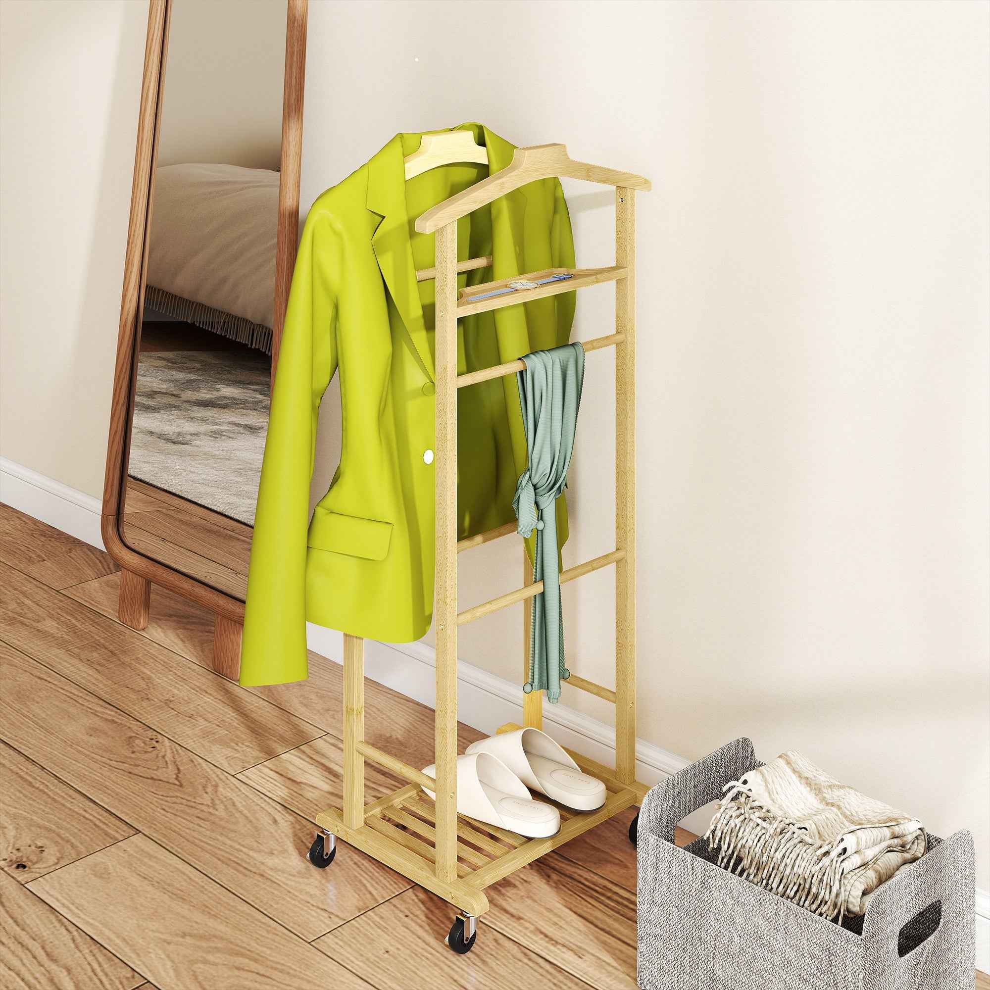 HOMCOM 4-in-1 Bamboo Valet Stand with Wheels, 2 Rods, Empty Pocket Tray and Shoe Shelf, 47 x 33.7 x 105.5 cm