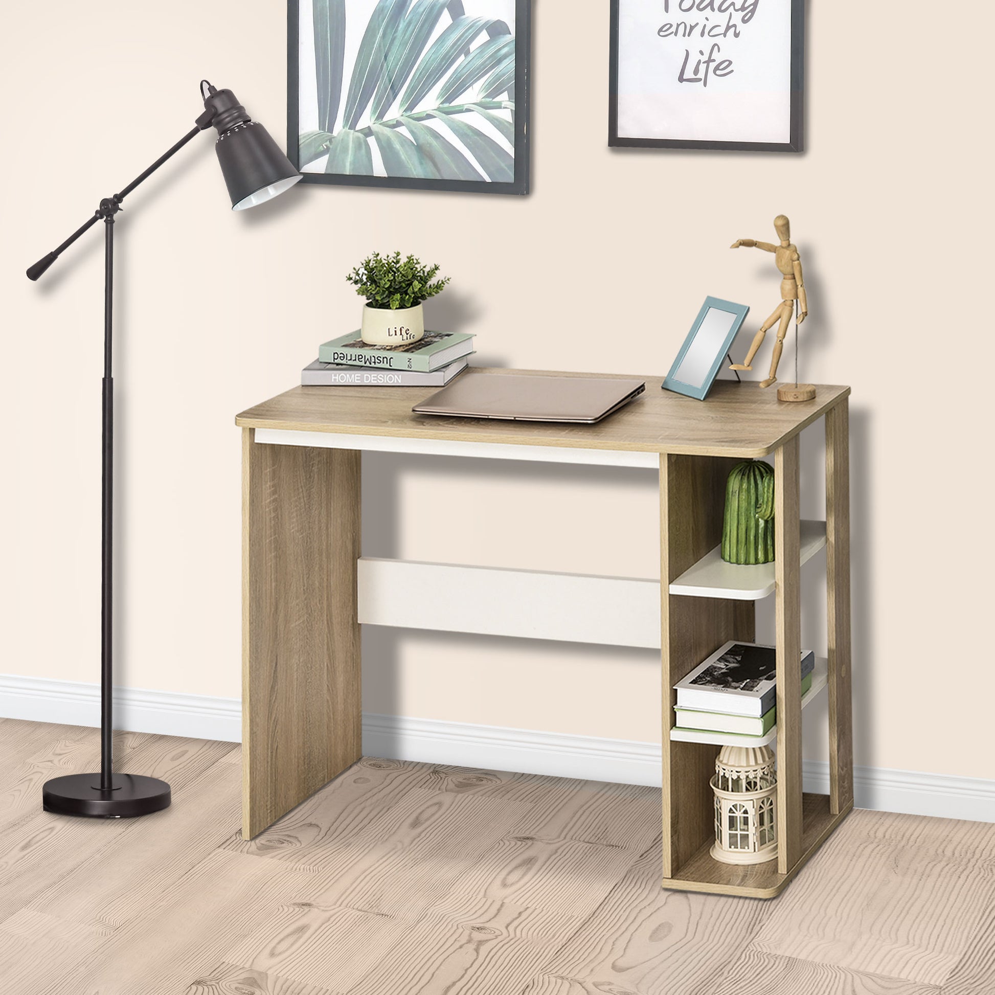 HOMCOM Modern Wooden Desk with 3-Tier Shelf, 100x44x74cm, White and Oak - Borgè