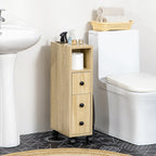 Kleankin Bathroom Cabinet, Bathroom Furniture with 4 Wheels, 1 Drawer, 1 Cabinet with Door, 2 Open Cabinets, Oak Color, 18x30x68.5 cm