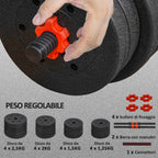 Set of 2 Non-Slip Dumbbells with 16 Weight Discs of 30 kg Total and Connector, in Steel, HDPE and Sand, Black