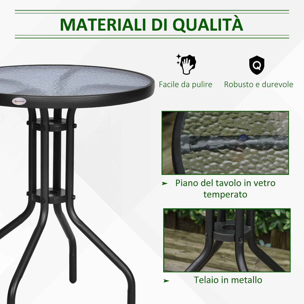 Outsunny Round Table with Tempered Glass Top Black Garden Coffee Table, ?60 x 70cm