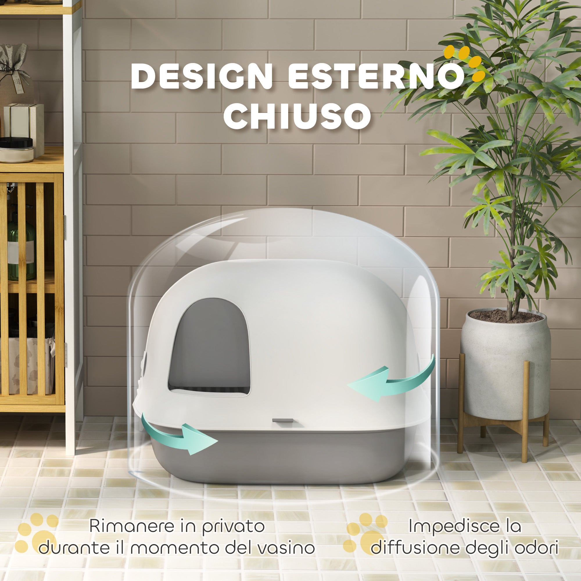 Closed Cat Litter Box with Cat Flap and Scoop, in PP, 58x46x39 cm, Light Gray and White