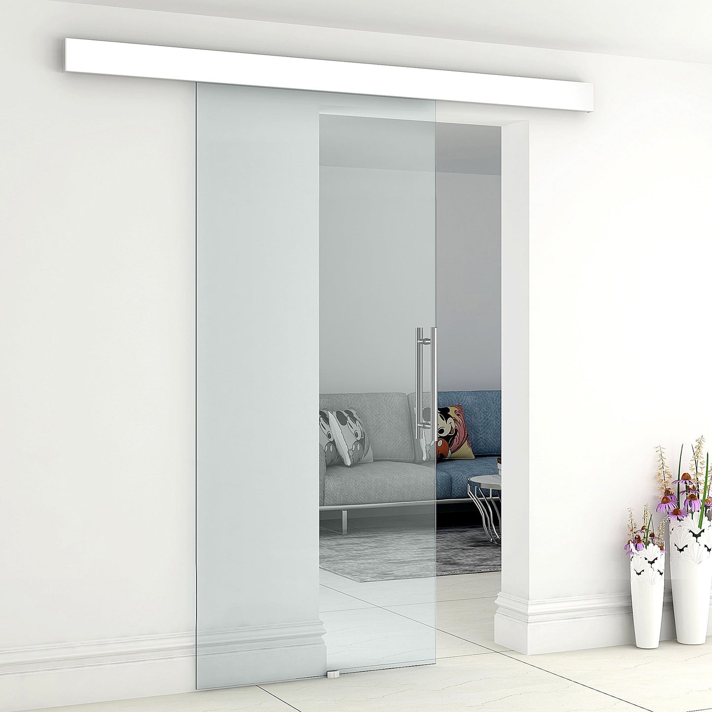 Homcom sliding door in transparent glass with track and aluminum handle for bathroom kitchen studio 210x75x0.8cm - Borgè