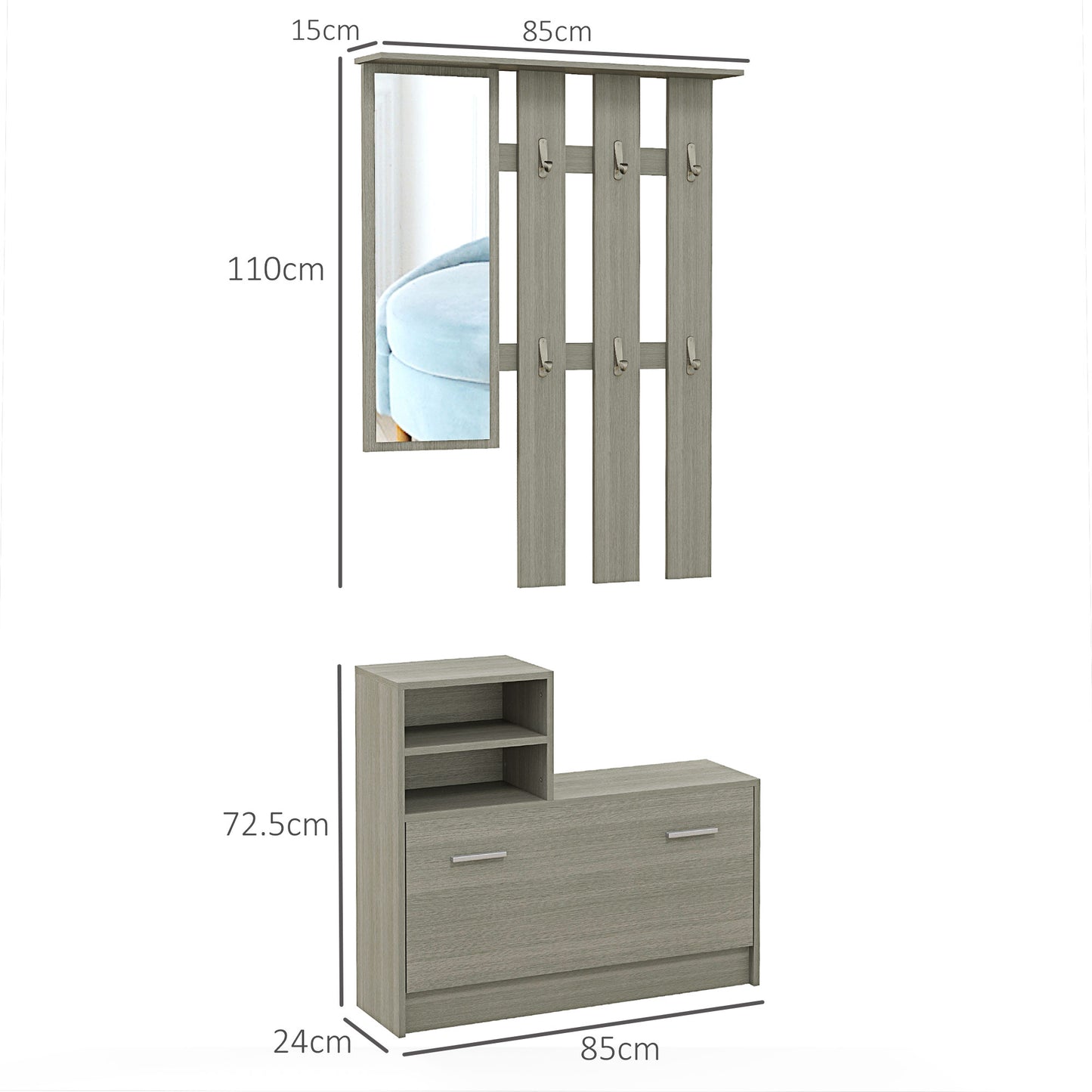 Hallway Furniture Set with Coat Rack, Mirror, Bench with Shelf and Shoe Rack for 8 Pairs of Shoes, Grey