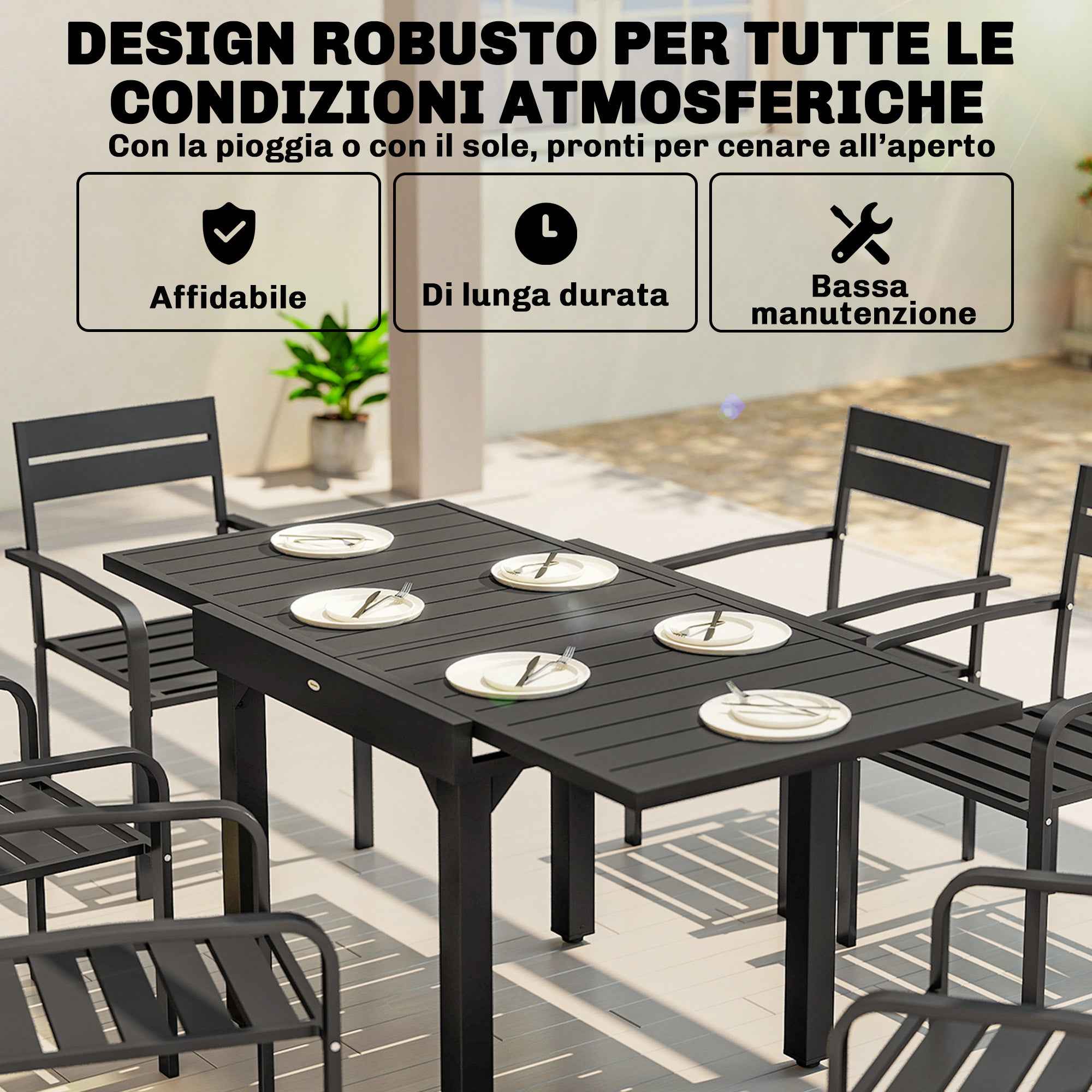 Outsunny Extendable Slatted Garden Table for 4-6 People, Made of Aluminum and Steel, 80/160x80 cm, Black