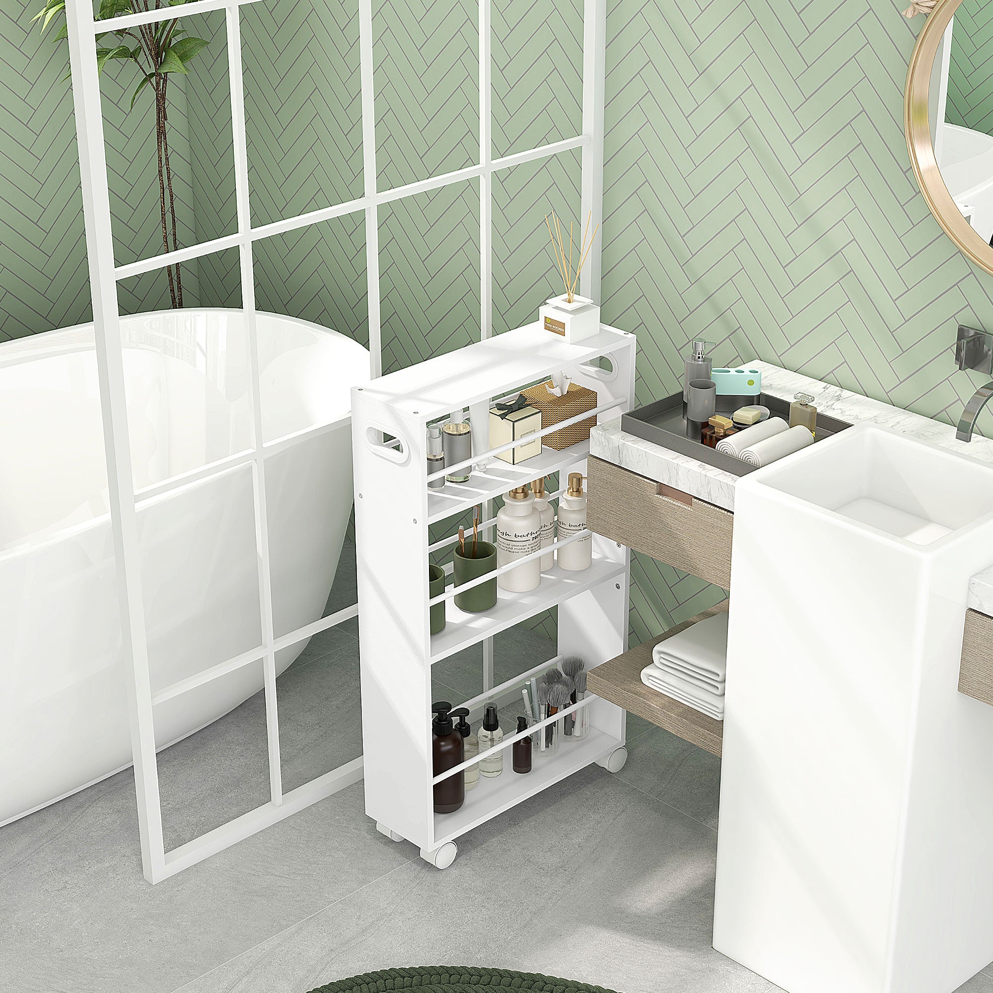 Space-Saving 3-Tier Kitchen and Bathroom Cart with Side Bars and Wheels with Brakes, White