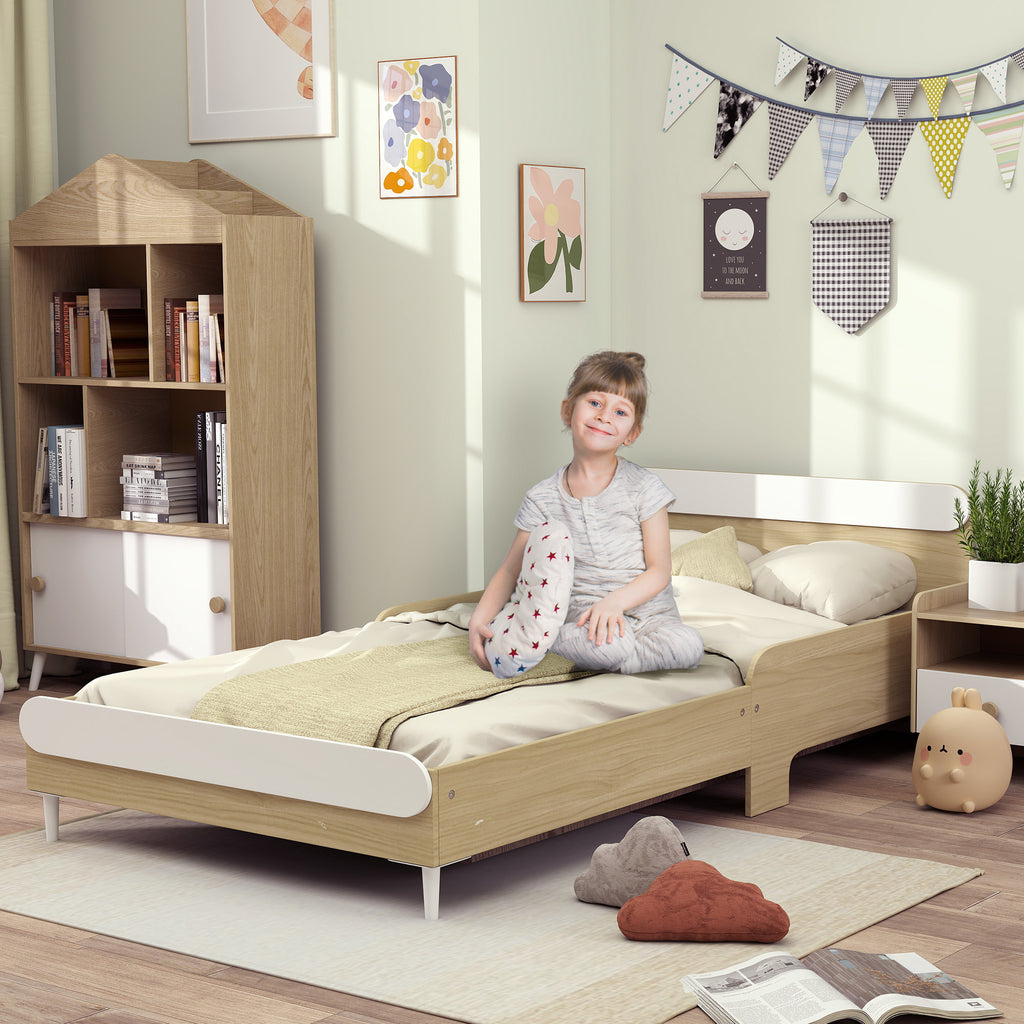 Children's Bed 3-10 Years Low with High Side Rails, Wooden, 194.8x103x60.5 cm, White and Wood Color
