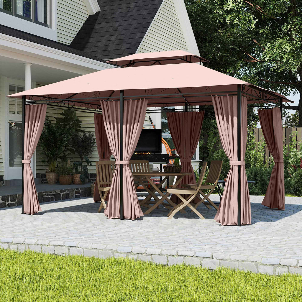 Outsunny 4x3m Garden Gazebo with Double Roof and Side Awnings in Steel and Polyester, Khaki Color