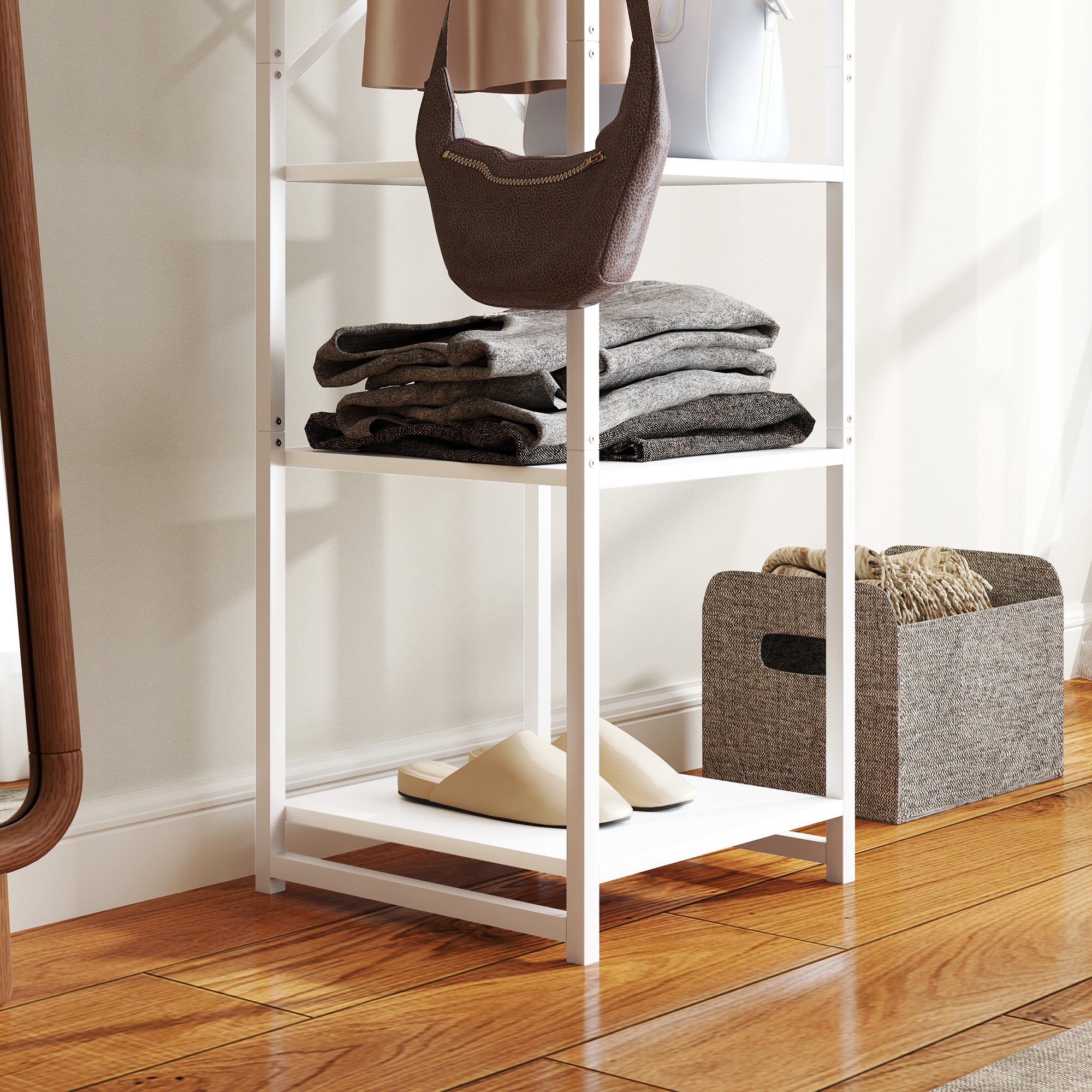 Floor Coat Hanger with Rod and 2 Open Shelves, in Wood and Steel, 38.5x30x170 cm, White and Wood Color