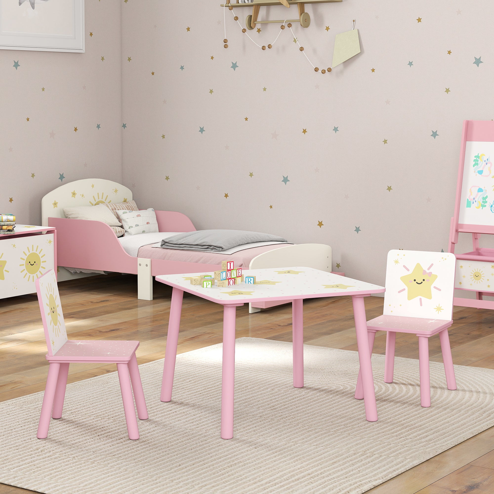 Children's Room Furniture Set with Table and 2 Chairs for Children Ages 3-8 with Star Pattern, Pink