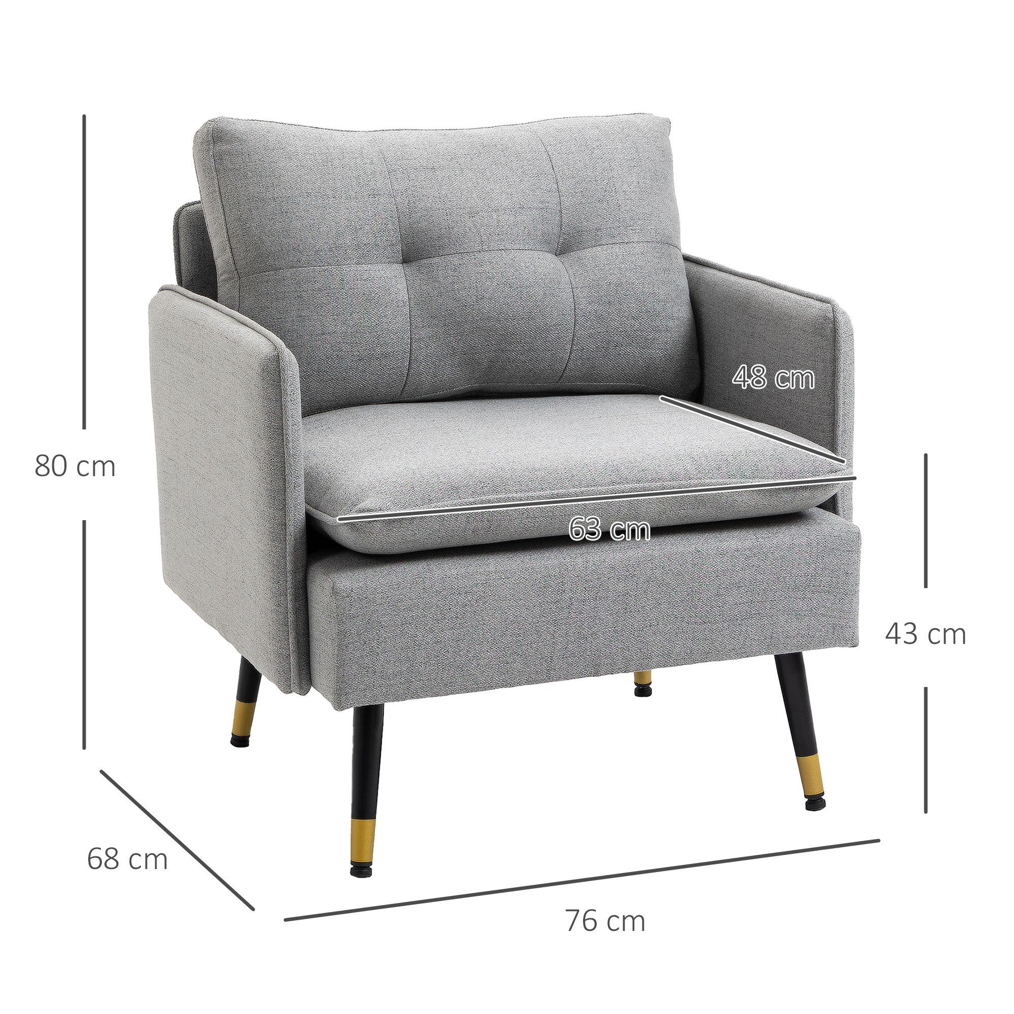 Modern Armchair in Fabric with Padded Seat and Steel Legs, 76x68x80 cm, Grey - Borgè