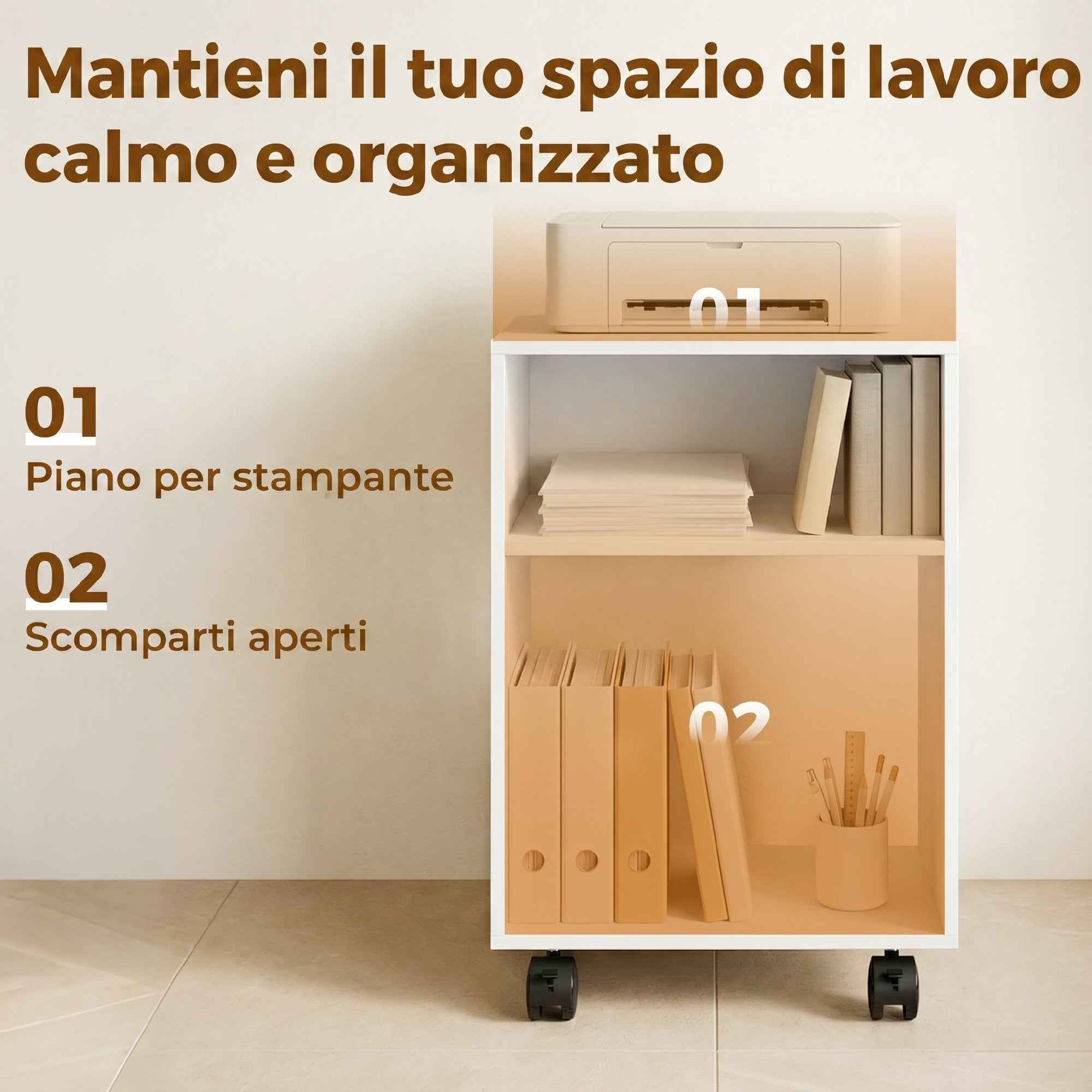 HOMCOM Wooden Printer Stand with Braked Wheels and 2 Open Compartments, 40x35x55 cm, for Office Study, White