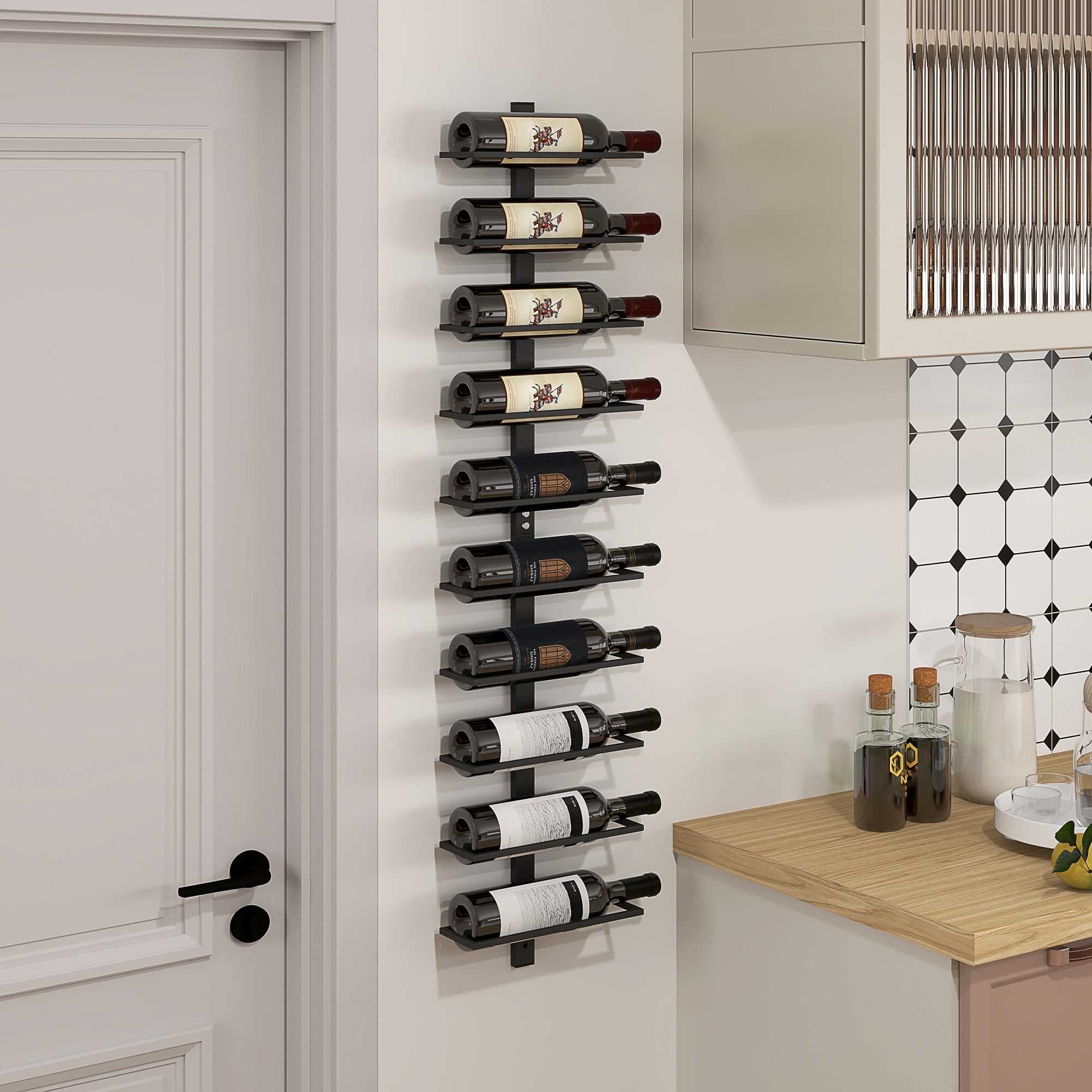 Wall Bottle Rack with 10 Shelves in Black Steel for 10 Bottles, 27x10x116 cm
