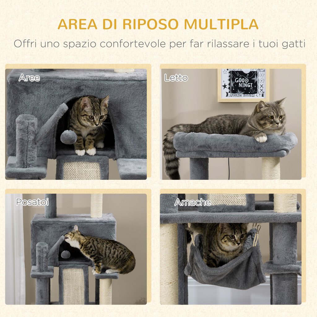 Cat Tree with Sisal Poles, House, Bed and Hammocks, 48x48x140cm, Grey