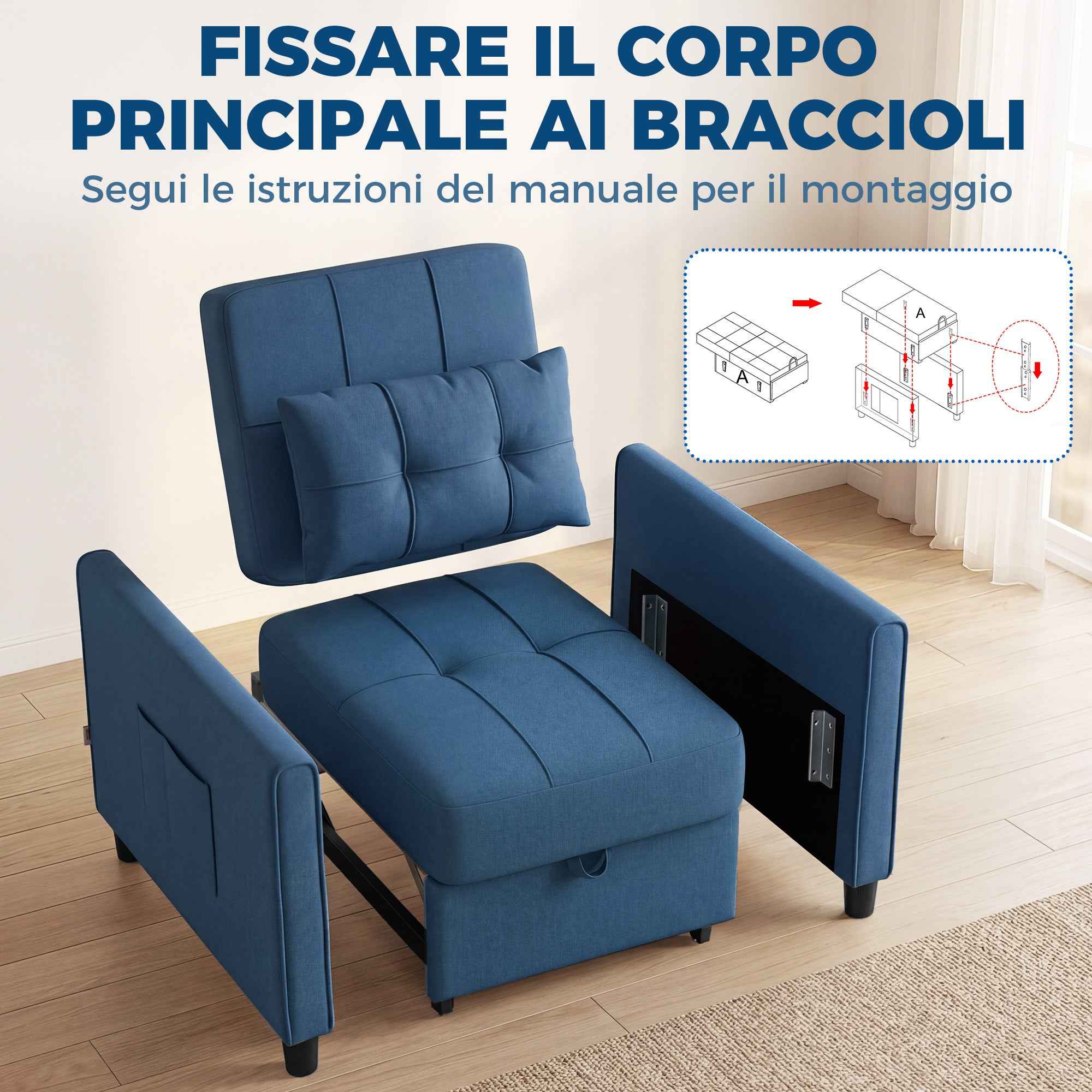 Folding Chair Bed with Adjustable Backrest and Cushion, Blue
