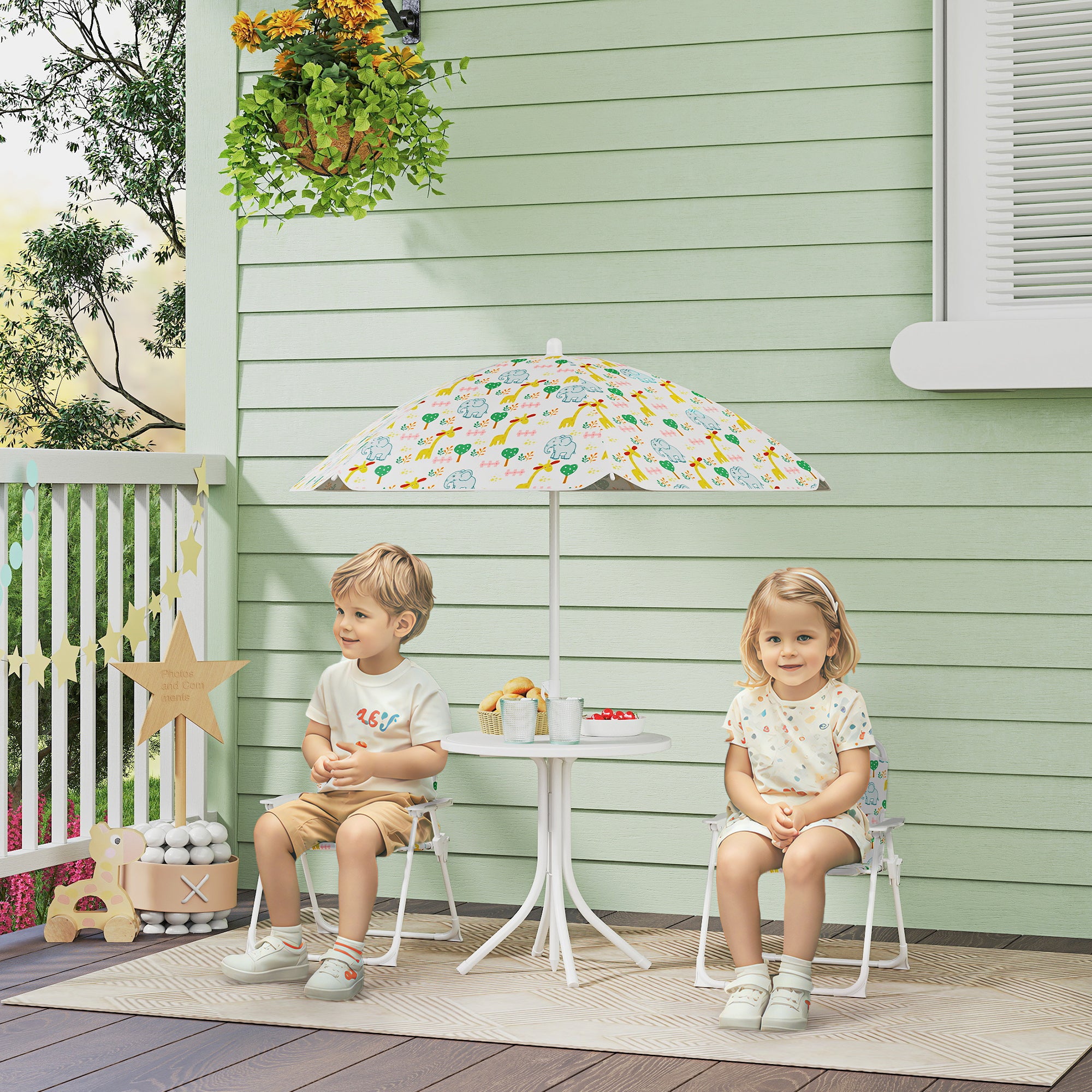 Garden Set for Children 2-5 Years with Round Table, 2 Folding Chairs and a Parasol, White