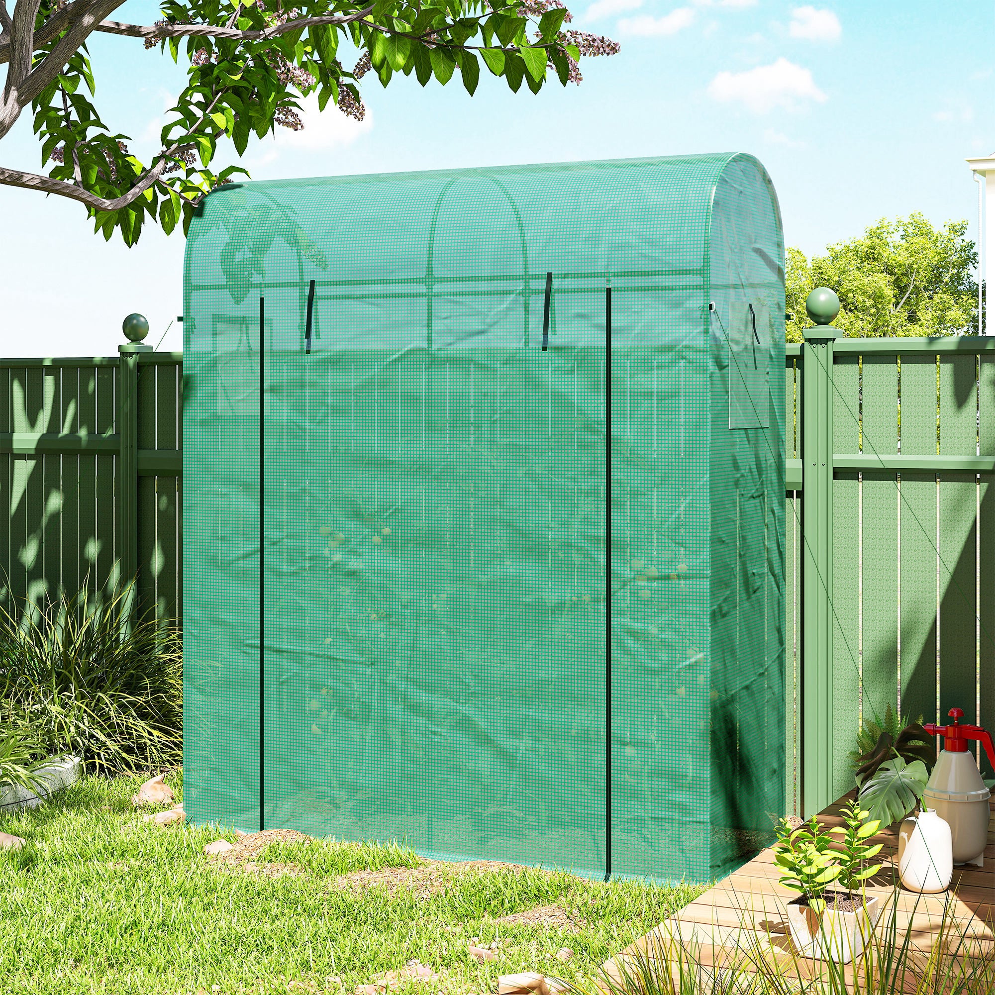 Outsunny Garden Greenhouse with PE Lining, Roll-Up Door and Mesh Windows, 170x68x200 cm, Green