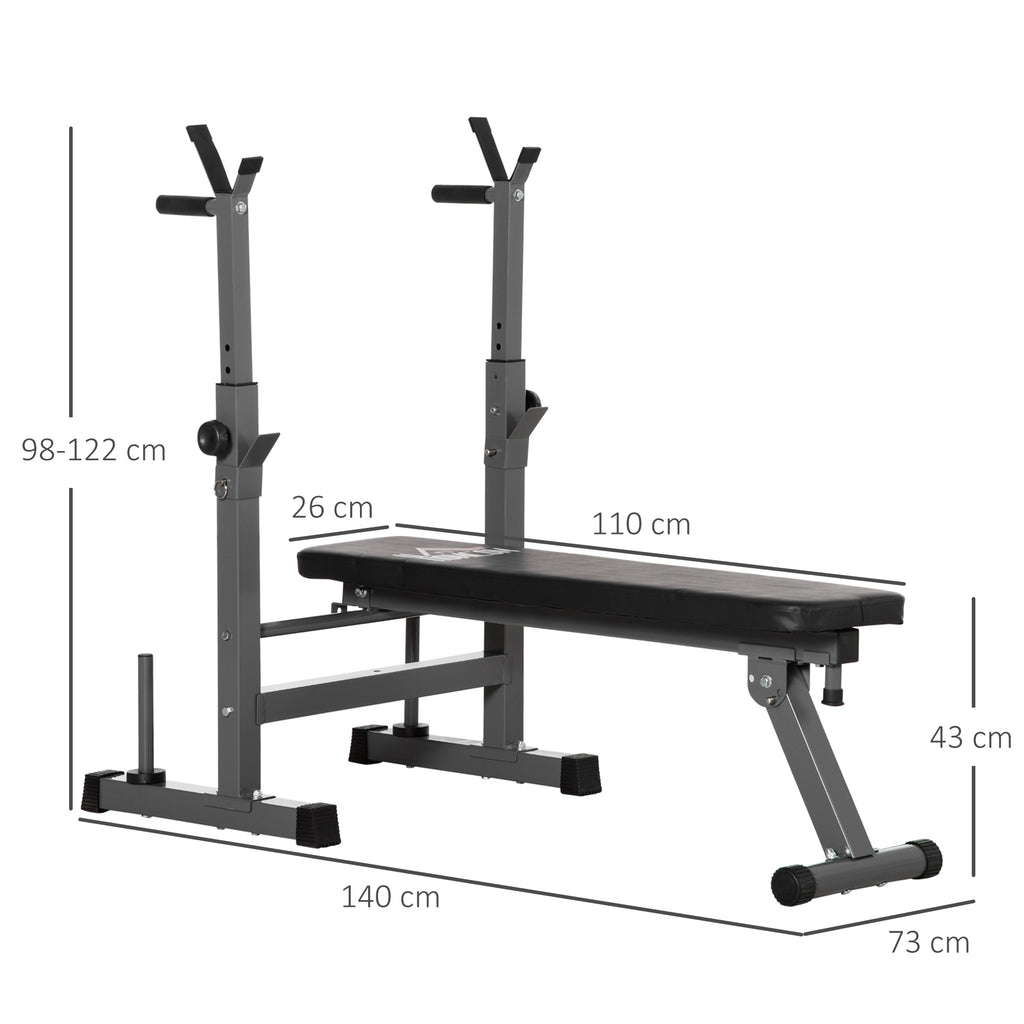 Folding Weight Bench with 8 Adjustable Heights and Steel and PU Barbell Rack, 140x73x98-122 cm, Grey