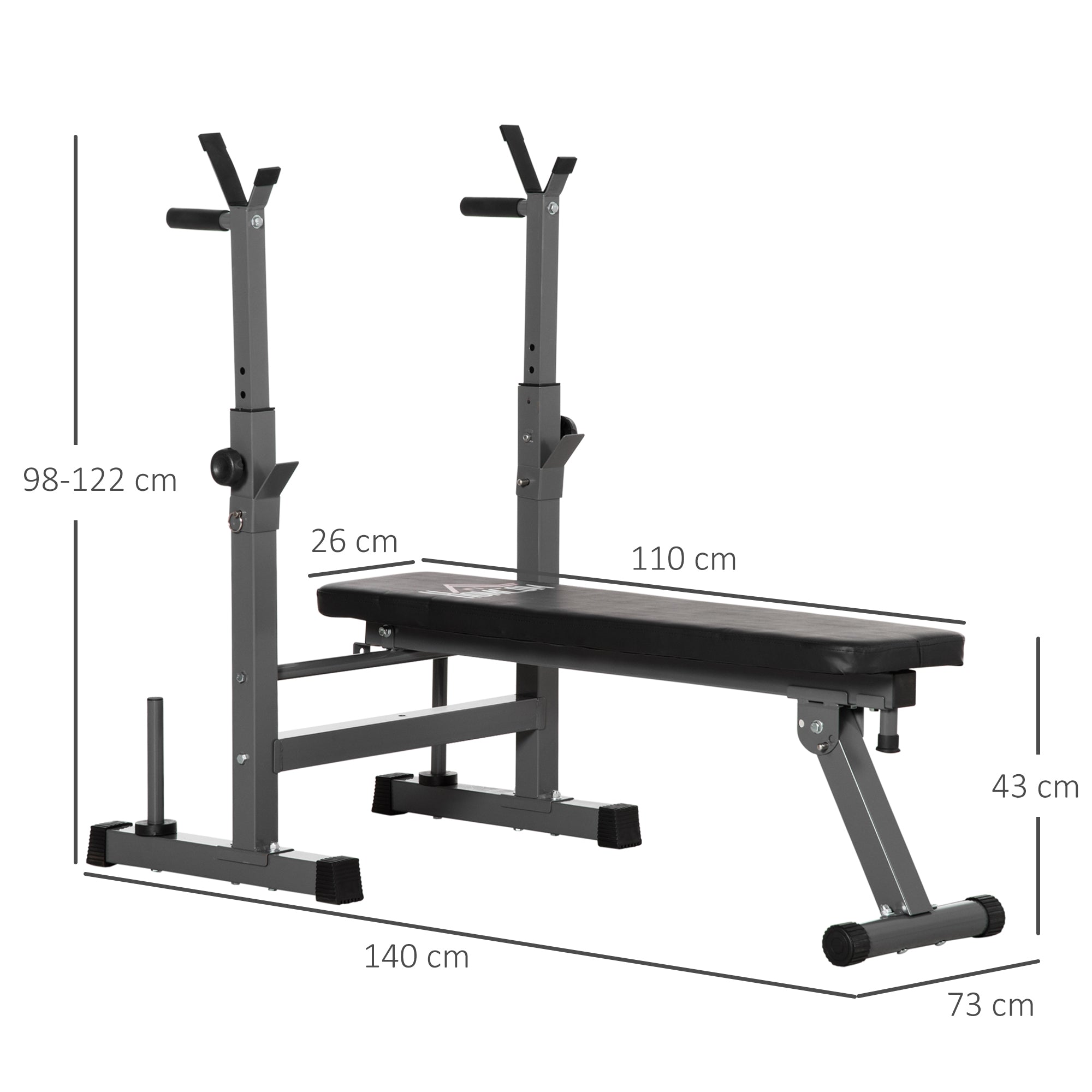 Folding Weight Bench with 8 Adjustable Heights and Steel and PU Barbell Rack, 140x73x98-122 cm, Grey
