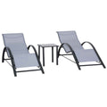 Outsunny Set of 2 Sun Loungers and Coffee Table with Glass Top, 59x169x66 cm, Light Grey