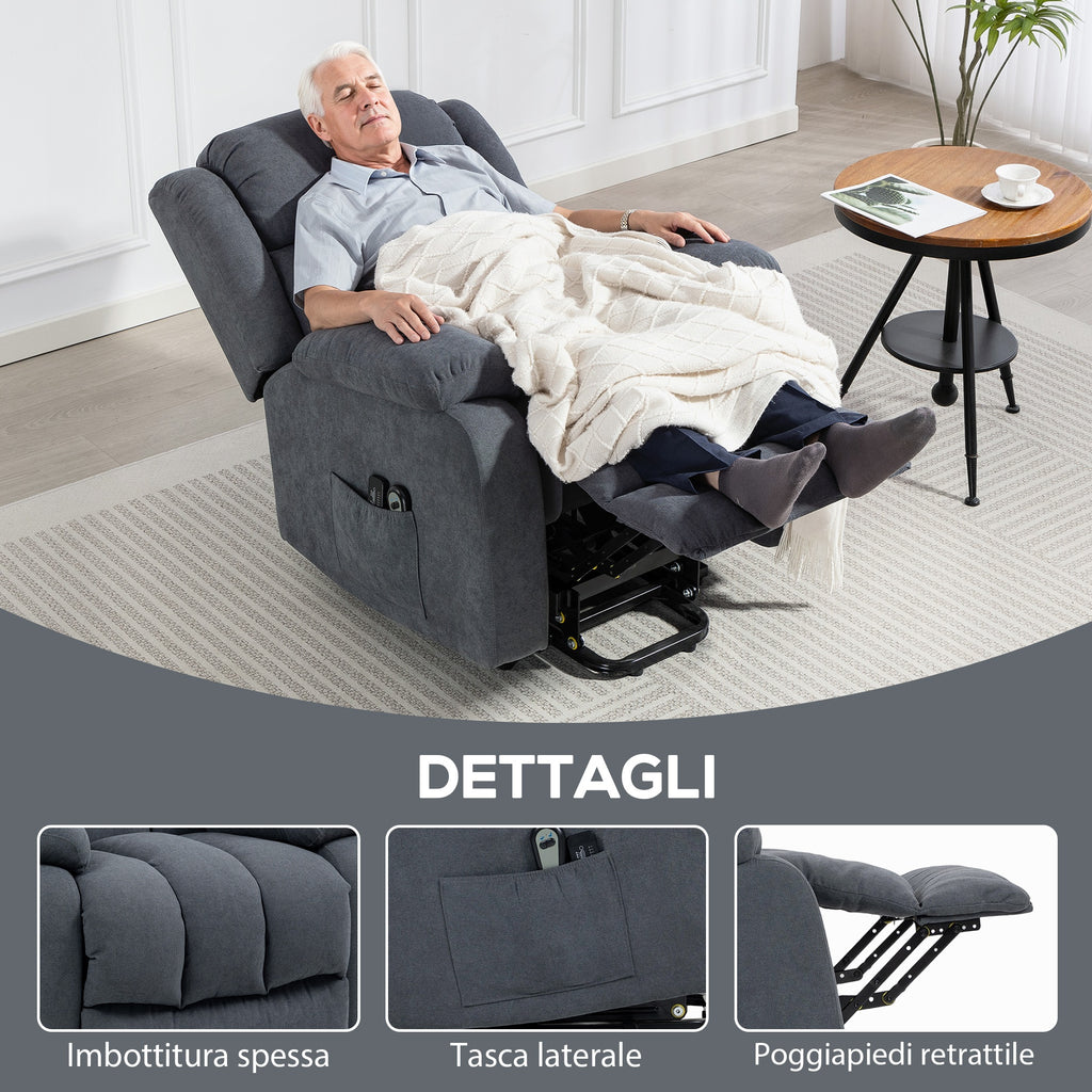 135° Electric Lift Reclining Chair in Linen Effect Fabric with Footrest, Dark Grey