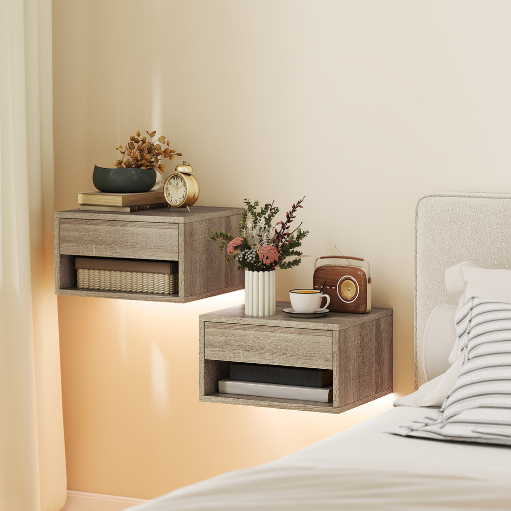 HOMCOM Set of 2 Wall-Mounted Bedside Tables with Built-in RGB LED Lights, Adjustable via APP, Drawer and Shelf, 37x32x21 cm, Wood Color
