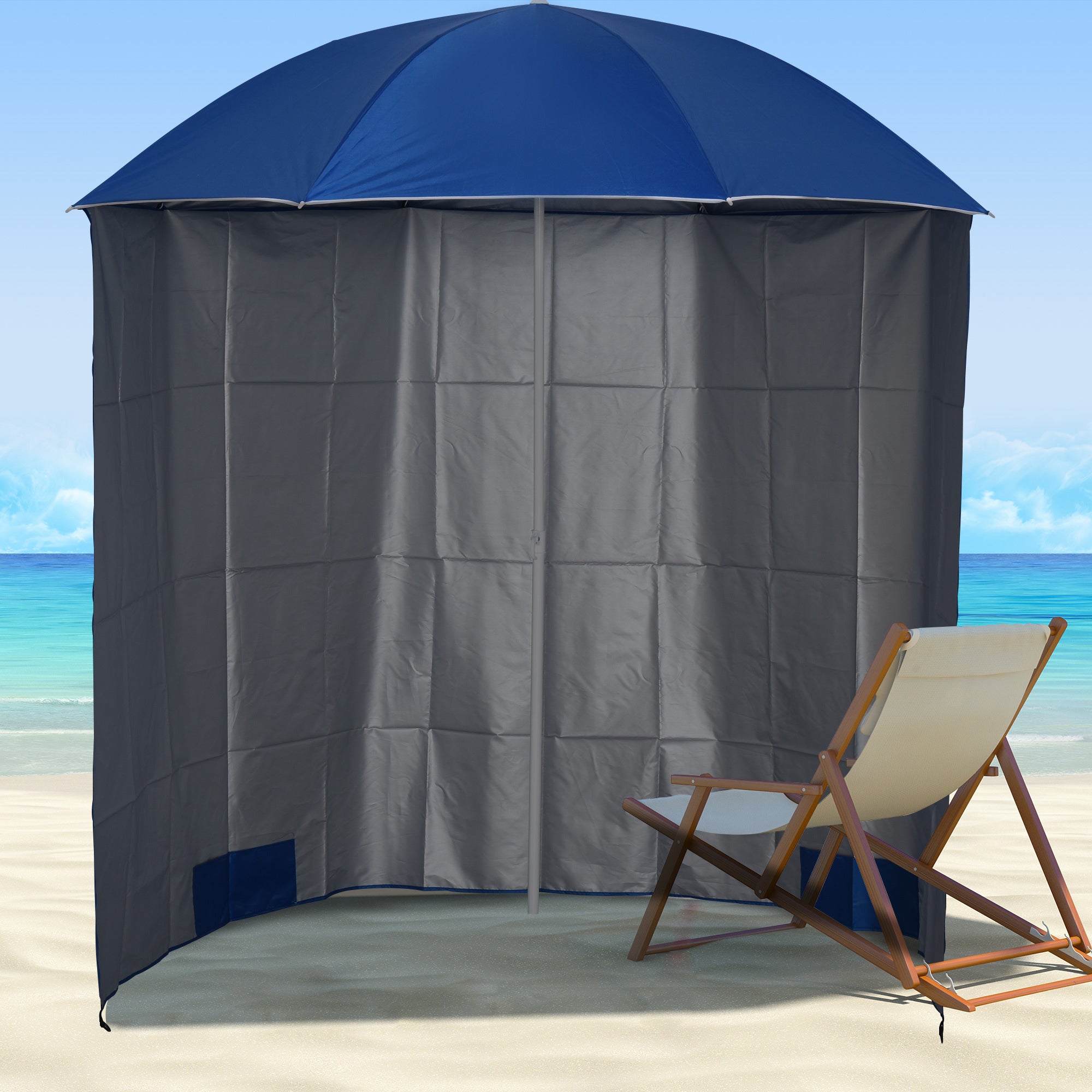 Beach Umbrella with Integrated Awning, in Metal and Polyester, Ø220x220 cm, Blue