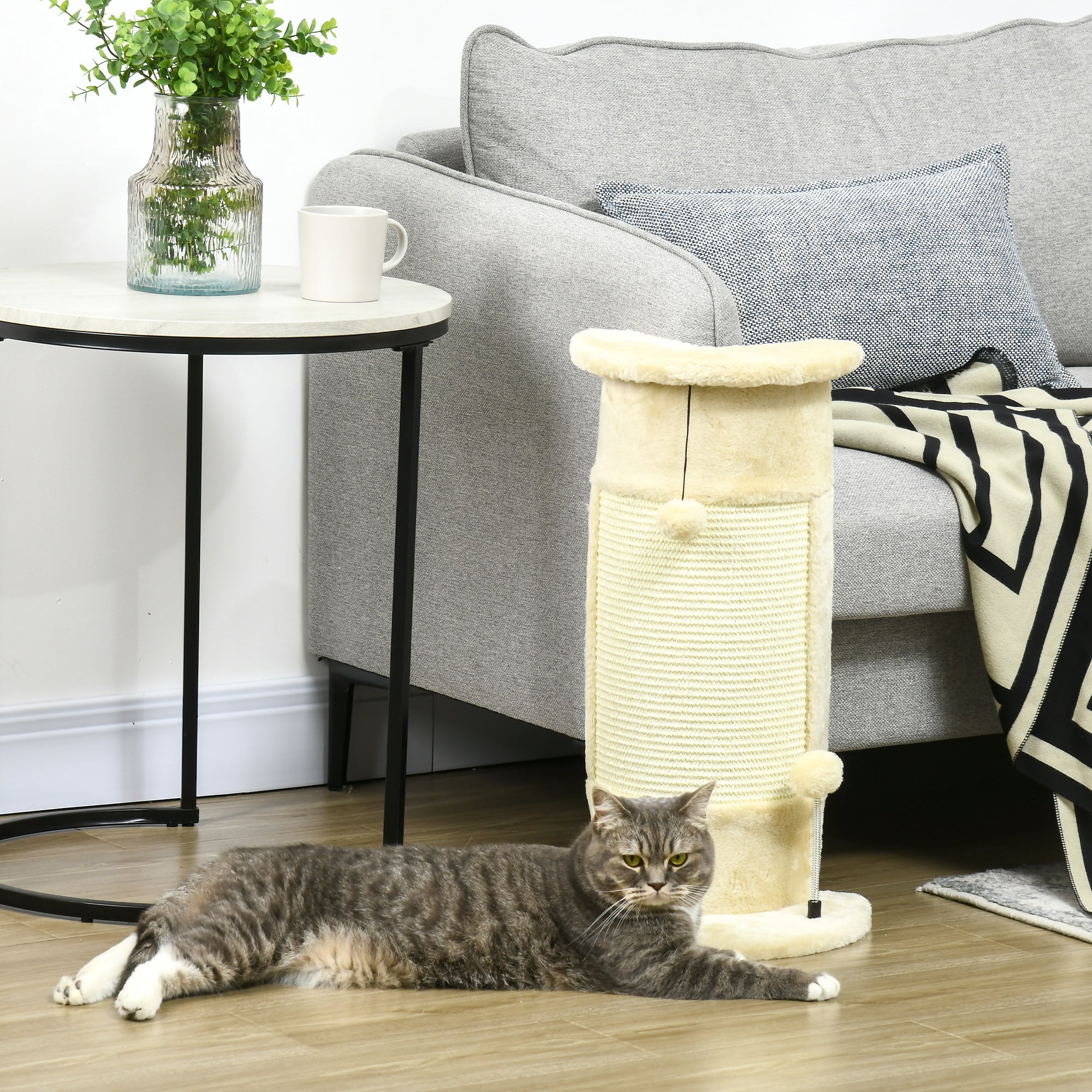 Cat Scratching Post for Cats up to 5kg with 2 Sisal Balls and Plush, 34x25.5x58cm, Beige