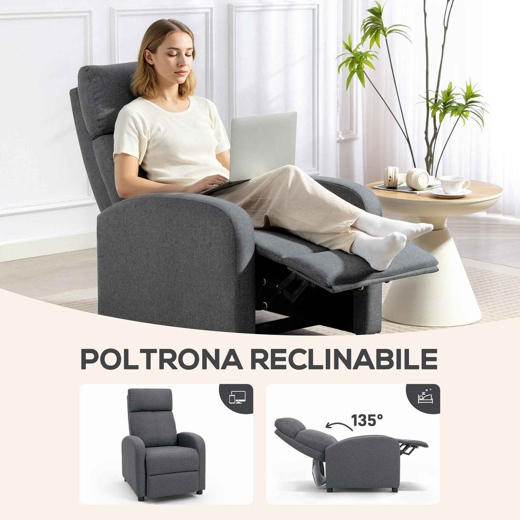 HOMCOM Padded Relaxing Chair with 135° Reclining Angle and Fabric Footrest, 69x87x100.5 cm, Grey