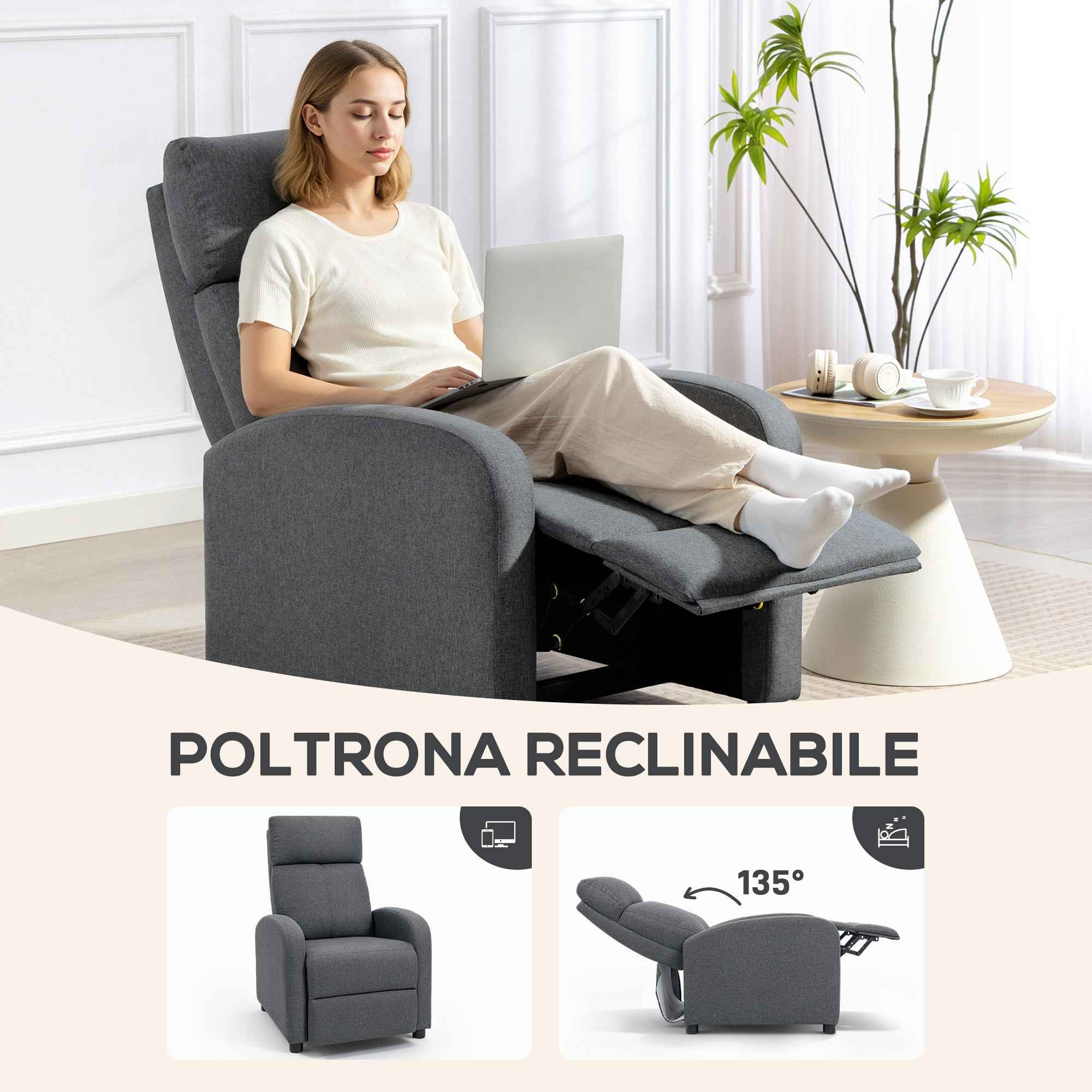HOMCOM Padded Relaxing Chair with 135° Reclining Angle and Fabric Footrest, 69x87x100.5 cm, Grey
