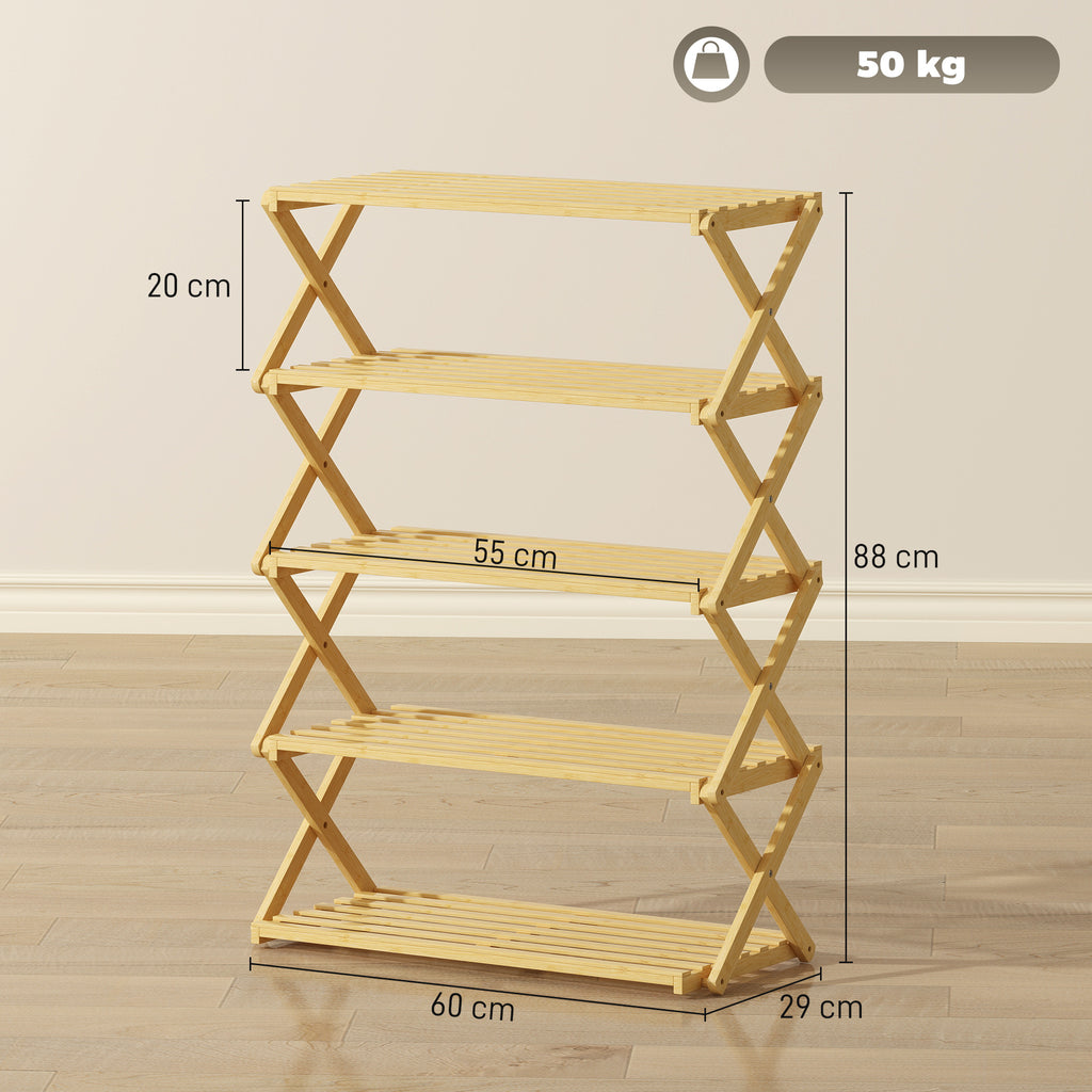 5-Tier Folding Shoe Rack, Ready-to-Use, Bamboo, 60x29x88 cm, Wood Color