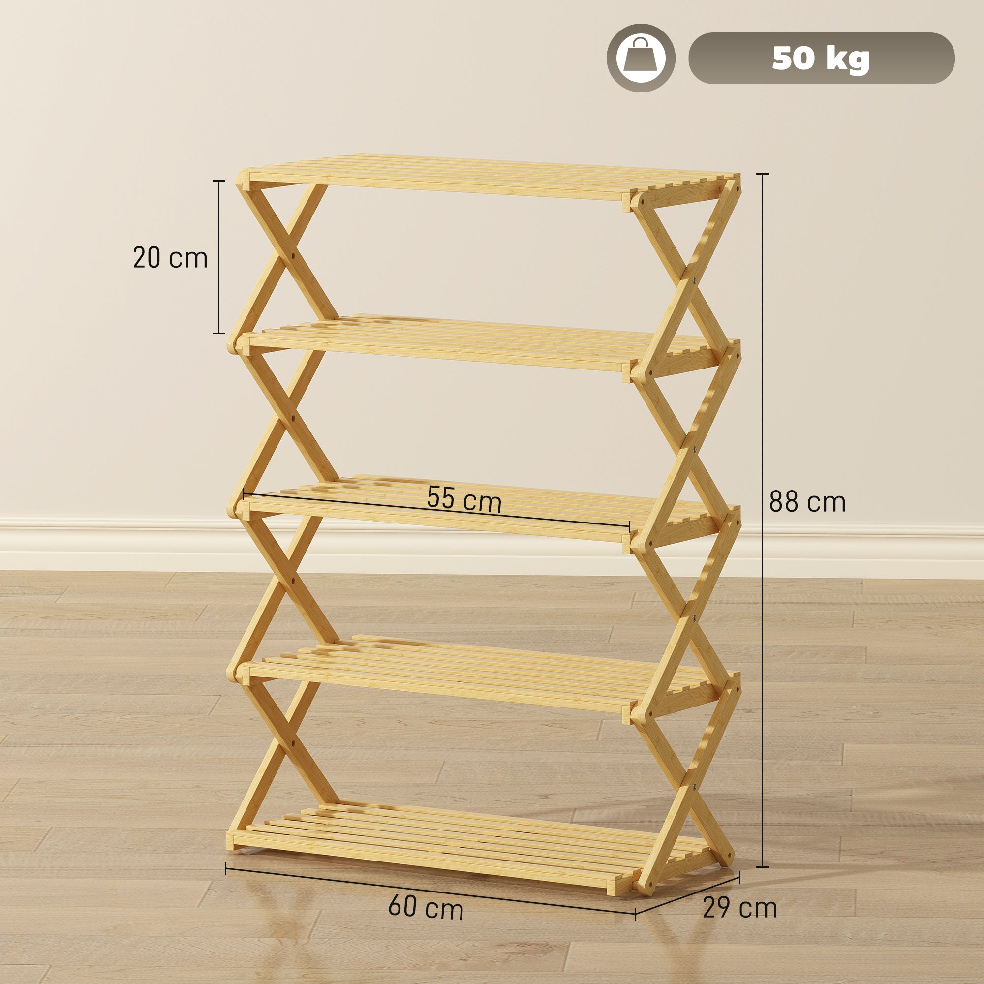 5-Tier Folding Shoe Rack, Ready-to-Use, Bamboo, 60x29x88 cm, Wood Color