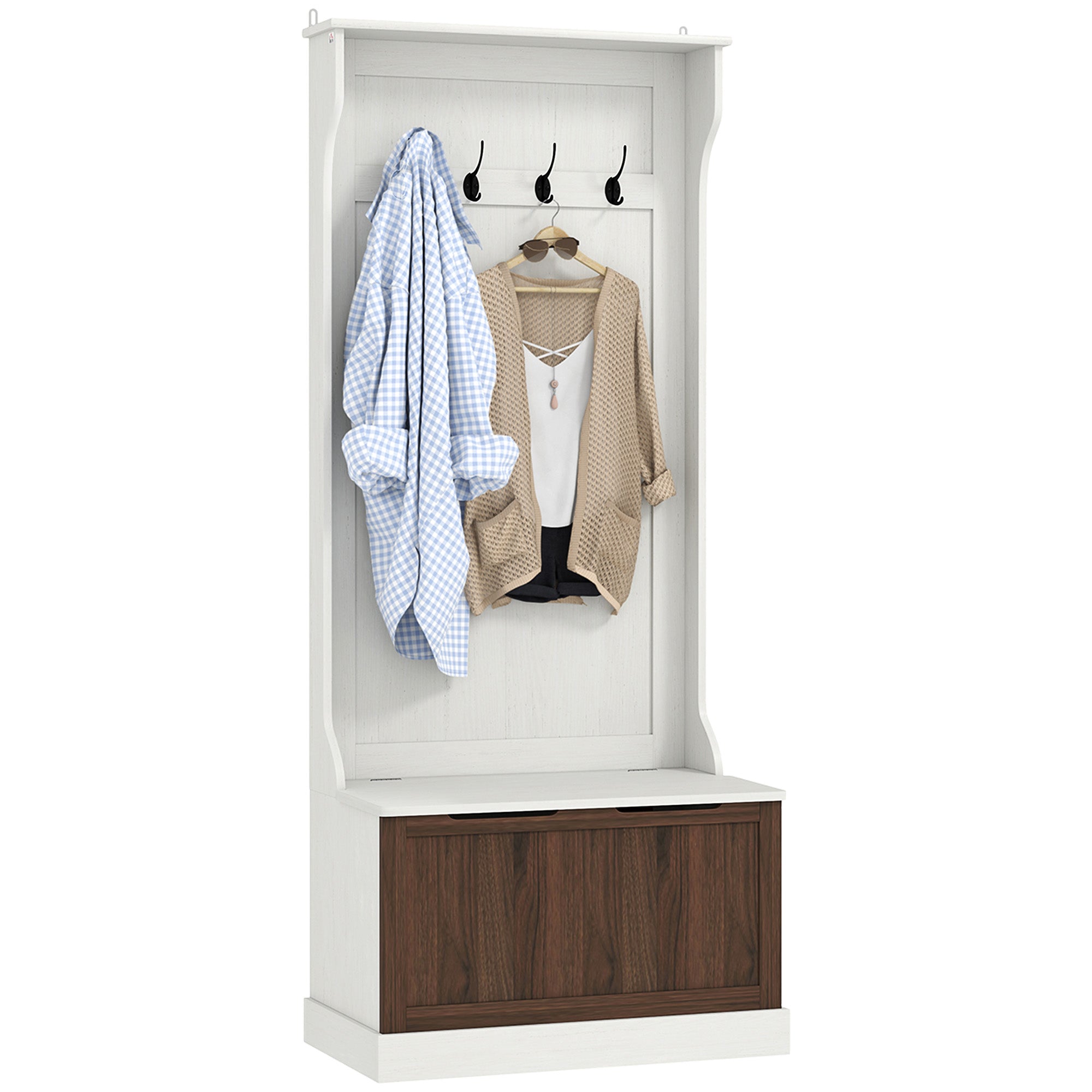 3 in 1 Clothes Hanger with 4 Hooks and Storage Bench, in Wood, 71.5x39.5x170 cm, White