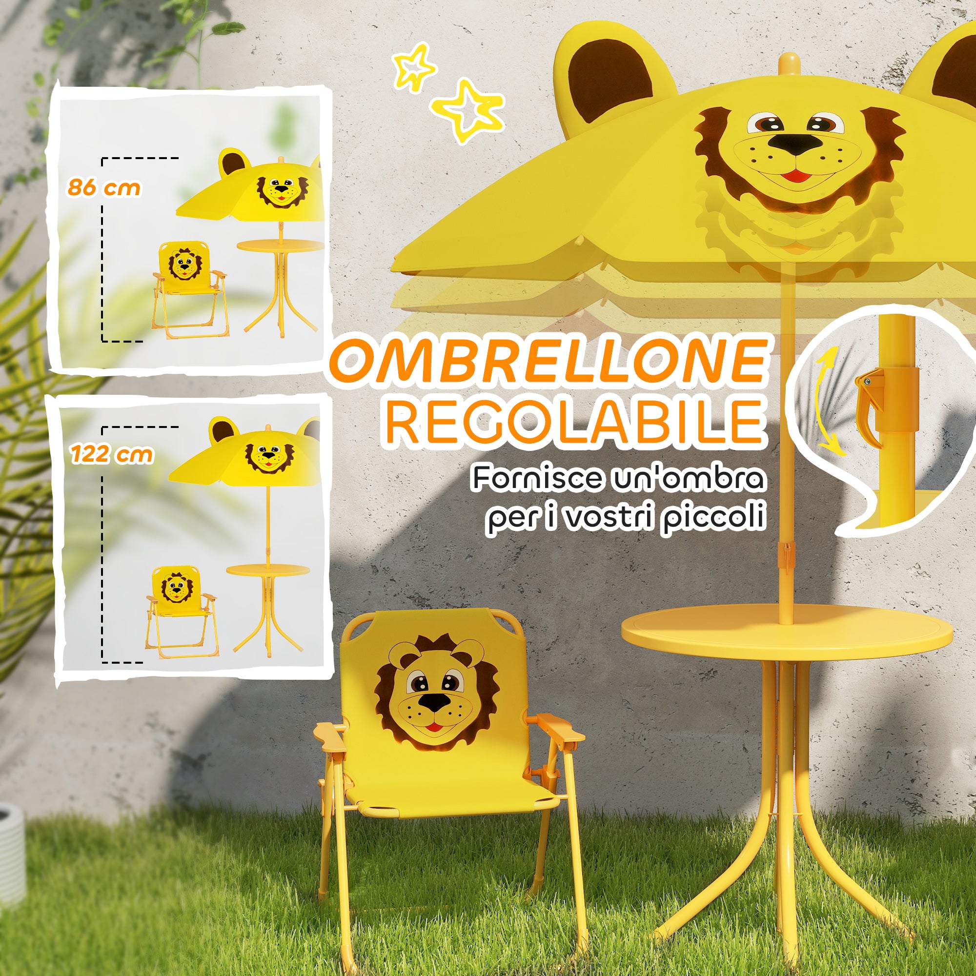 Garden Set for Children 2-5 Years with Round Table, 2 Folding Chairs and a Umbrella, Yellow