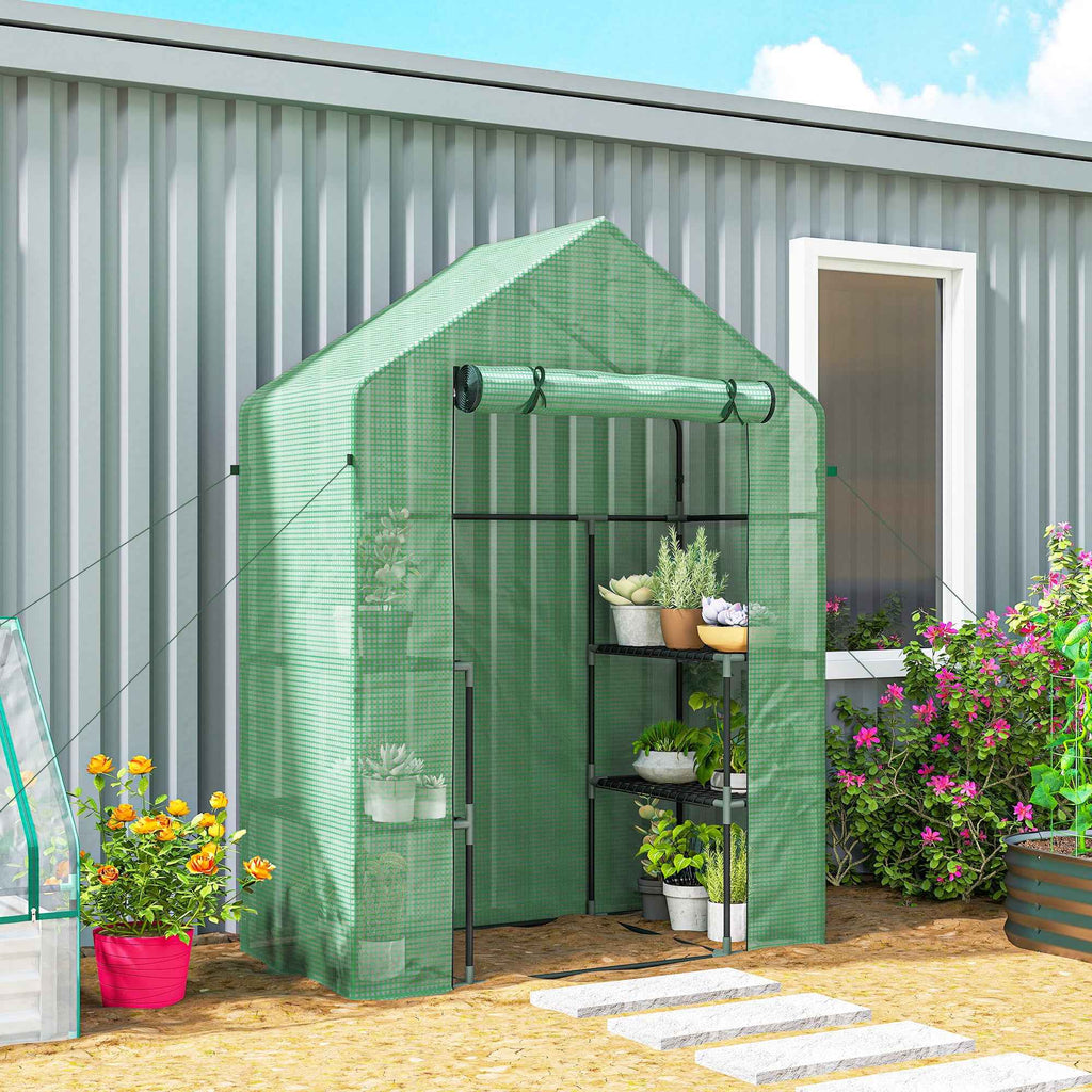 Outsunny Garden Greenhouse with 2 Shelves, 3 Levels, and Zip Entrance, Steel and PE, 142x73x195 cm, Green