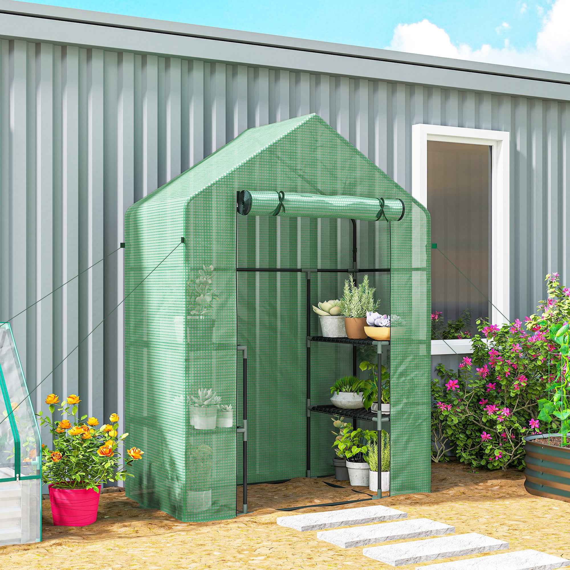 Outsunny Garden Greenhouse with 2 Shelves, 3 Levels, and Zip Entrance, Steel and PE, 142x73x195 cm, Green